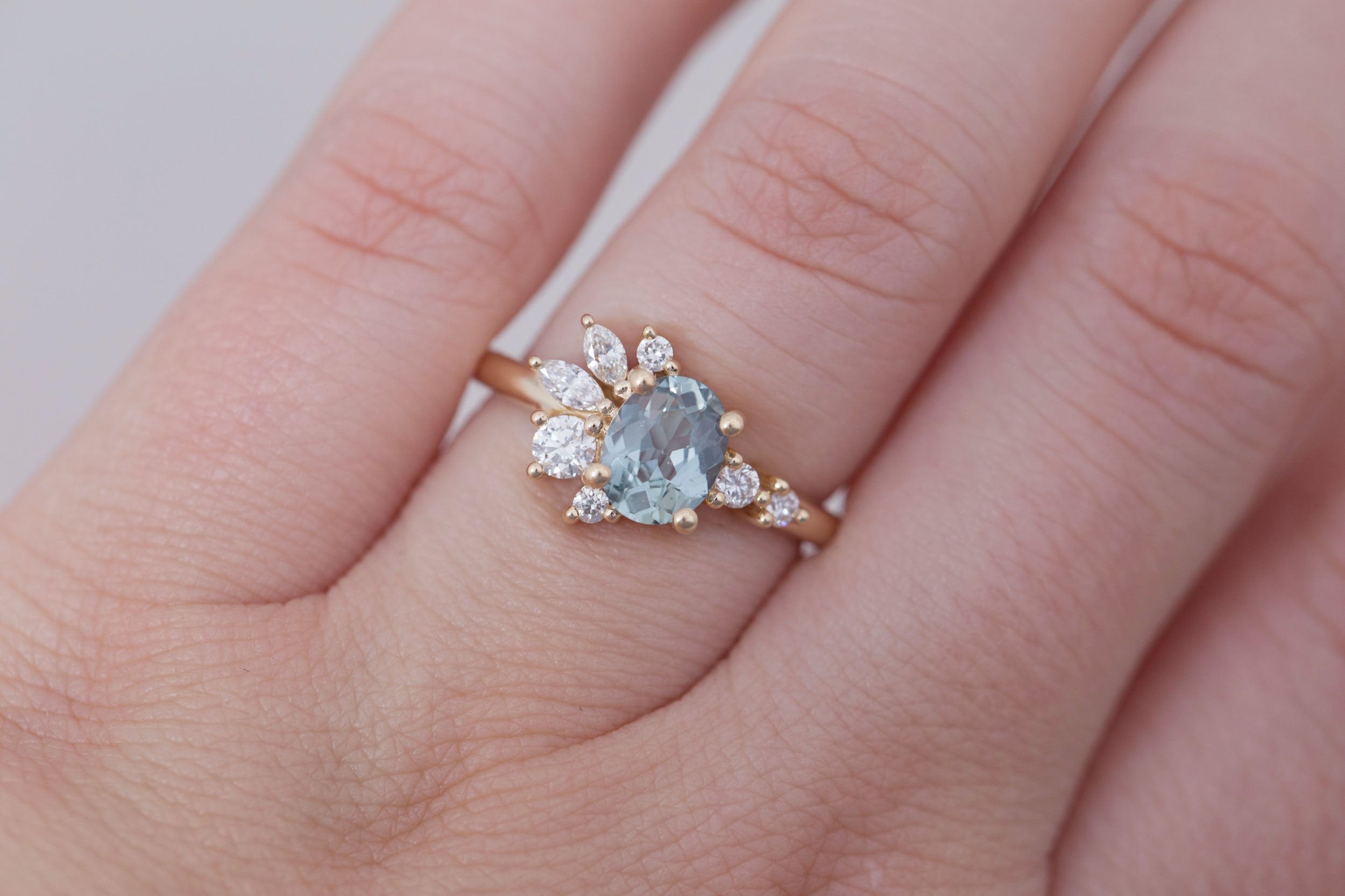 Ambretta Ring | Mint Oval Sapphire + Diamond Cluster Engagement Ring 1.13 ct | 14k Recycled Gold | One of a Kind