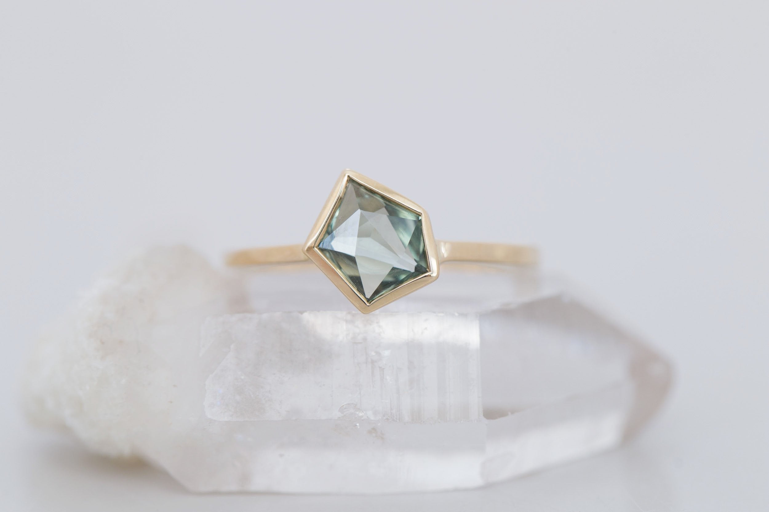 Avens Ring | Green Geocut Montana Sapphire Engagement Ring 1.13 ct | 14k Recycled Gold | One of a Kind