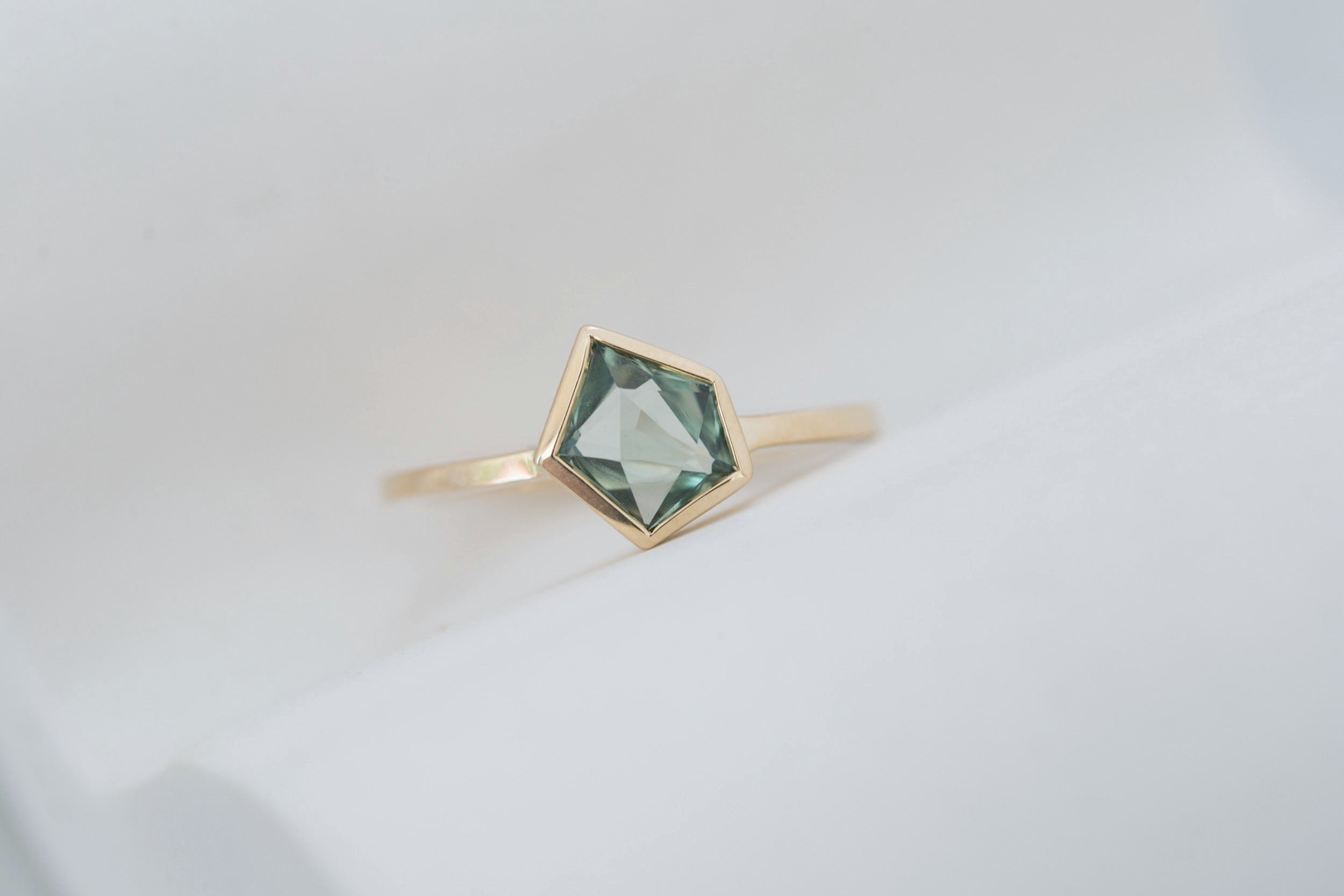 Avens Ring | Green Geocut Montana Sapphire Engagement Ring 1.13 ct | 14k Recycled Gold | One of a Kind