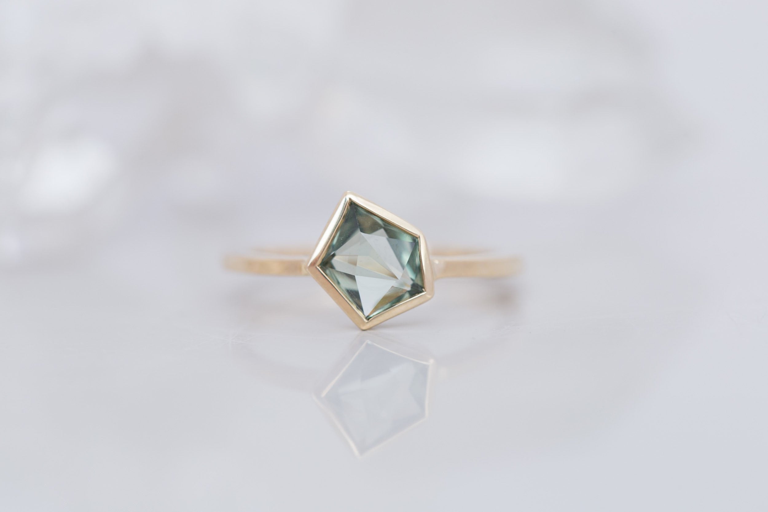 Avens Ring | Green Geocut Montana Sapphire Engagement Ring 1.13 ct | 14k Recycled Gold | One of a Kind