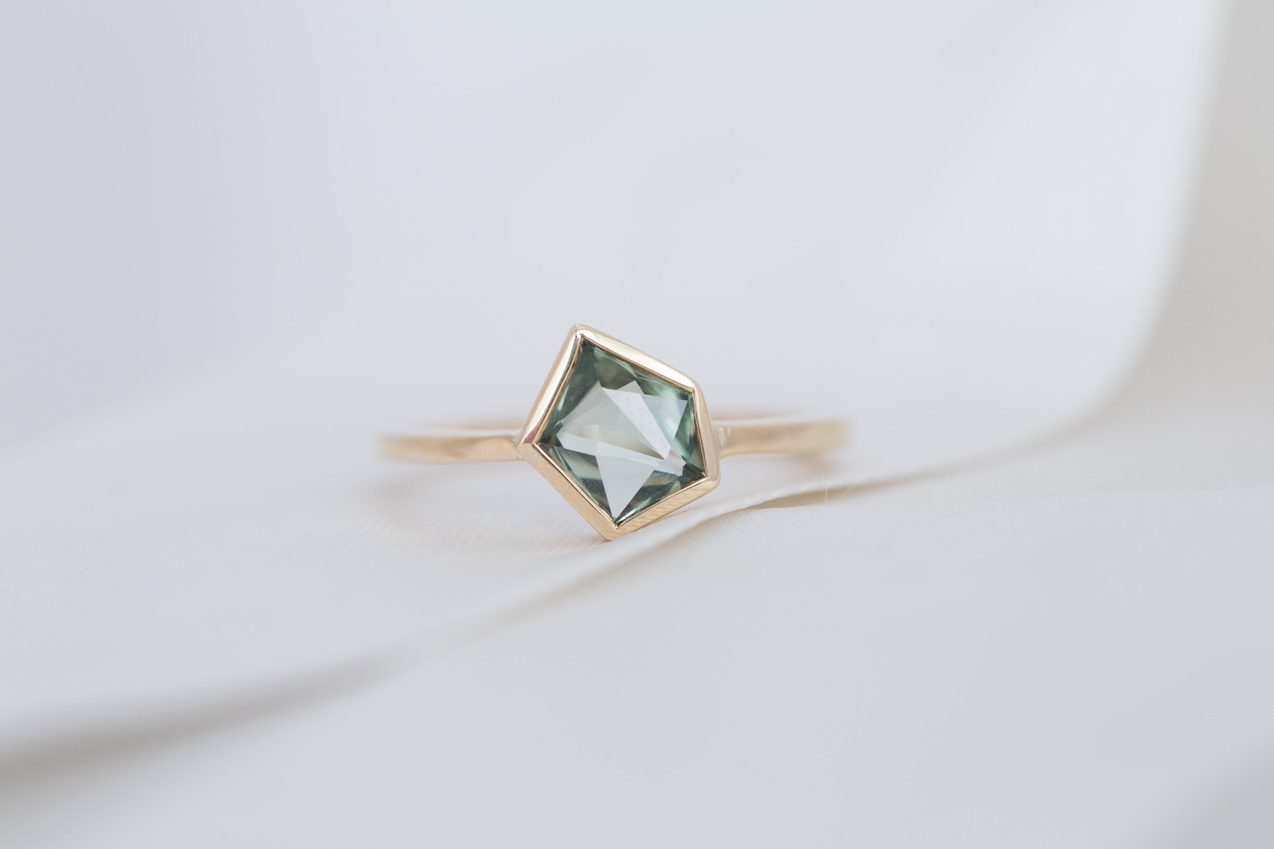 Avens Ring | Green Geocut Montana Sapphire Engagement Ring 1.13 ct | 14k Recycled Gold | One of a Kind