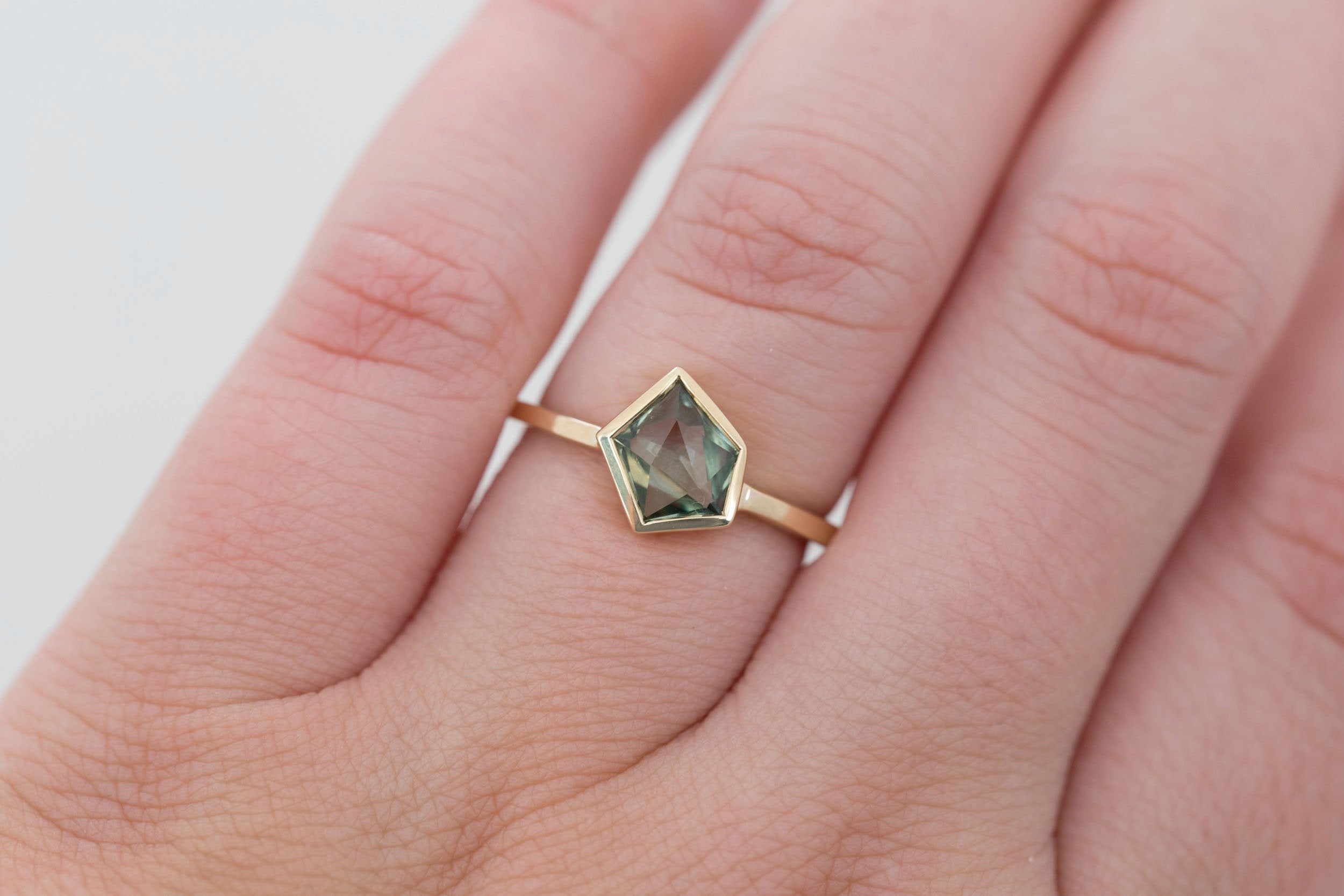 Avens Ring | Green Geocut Montana Sapphire Engagement Ring 1.13 ct | 14k Recycled Gold | One of a Kind