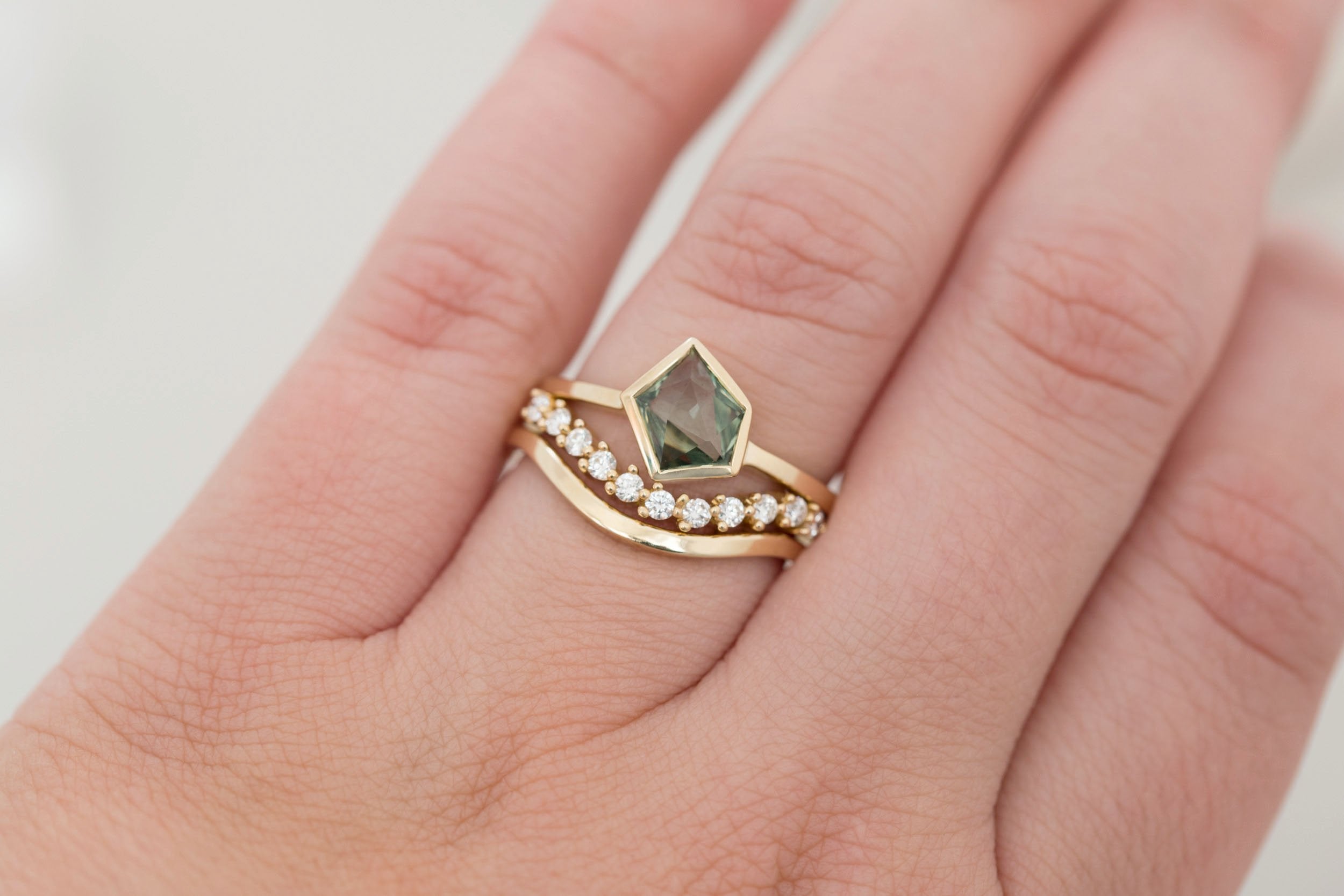 Avens Ring | Green Geocut Montana Sapphire Engagement Ring 1.13 ct | 14k Recycled Gold | One of a Kind