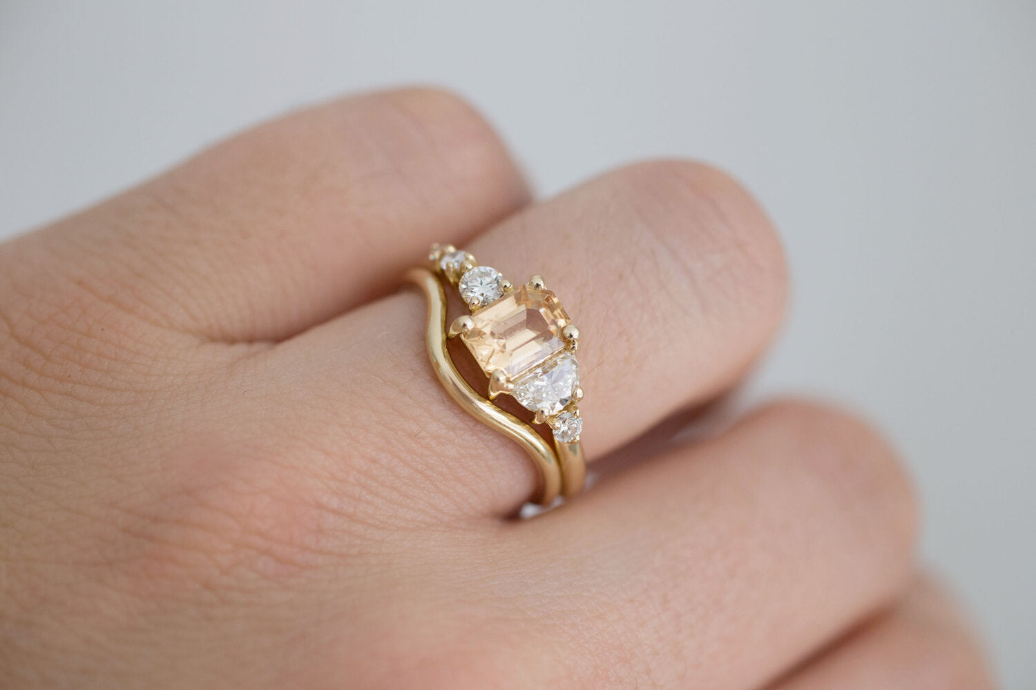 Sarine Ring | Apricot Sapphire + Half Moon Diamond + Diamond Cluster Engagement Ring | 14k Recycled Gold | One of a Kind