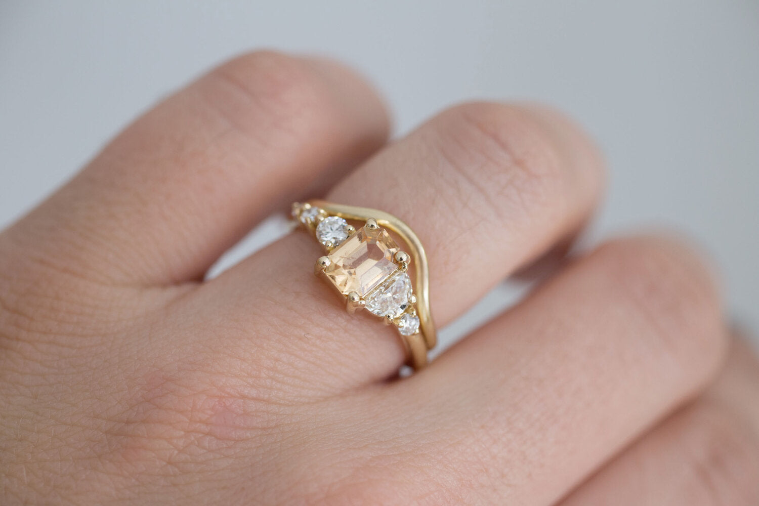 Sarine Ring | Apricot Sapphire + Half Moon Diamond + Diamond Cluster Engagement Ring | 14k Recycled Gold | One of a Kind
