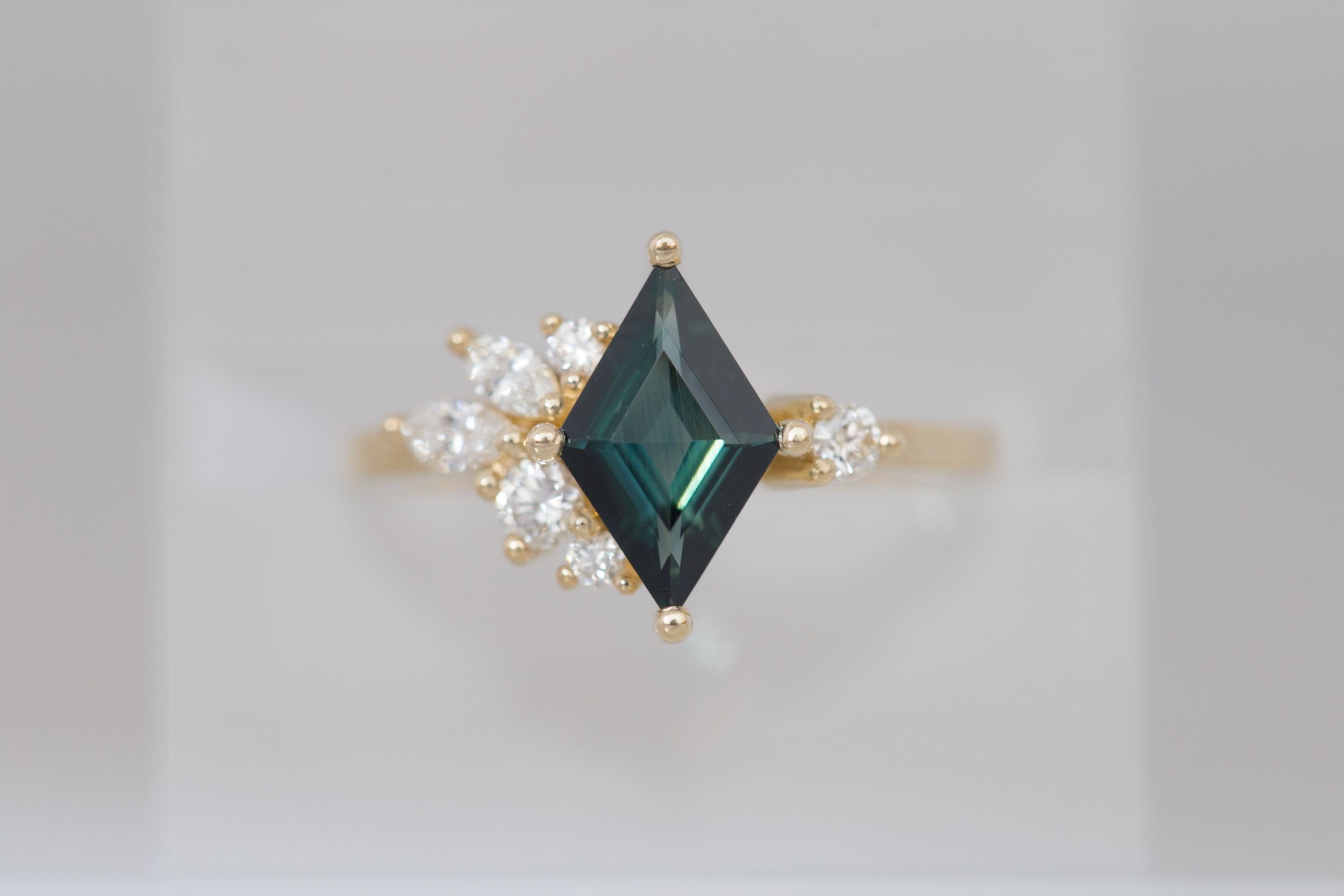 Alden Ring | Teal Sapphire Kite + Diamond Cluster Engagement Ring 1.14 ct | 14k Recycled Gold | One of a Kind