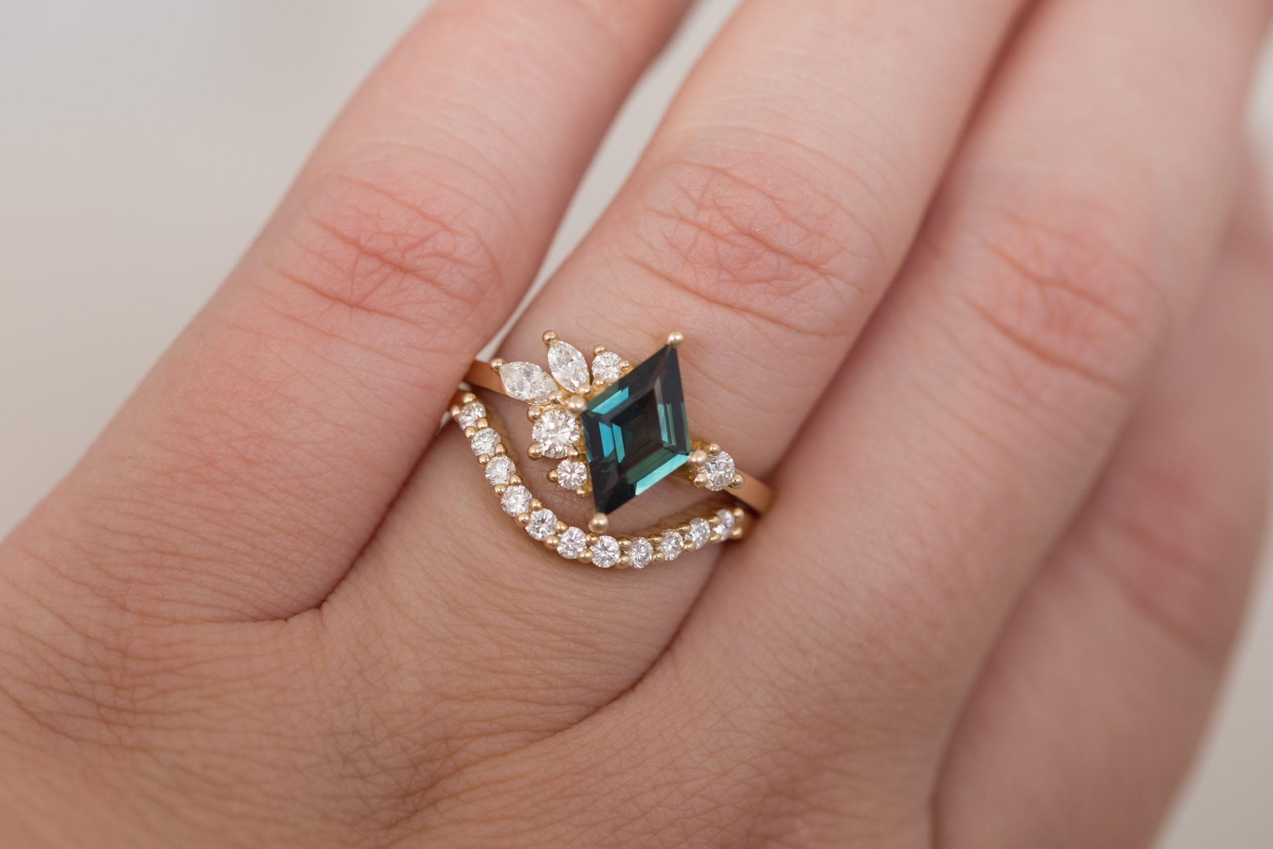 Alden Ring | Teal Sapphire Kite + Diamond Cluster Engagement Ring 1.14 ct | 14k Recycled Gold | One of a Kind
