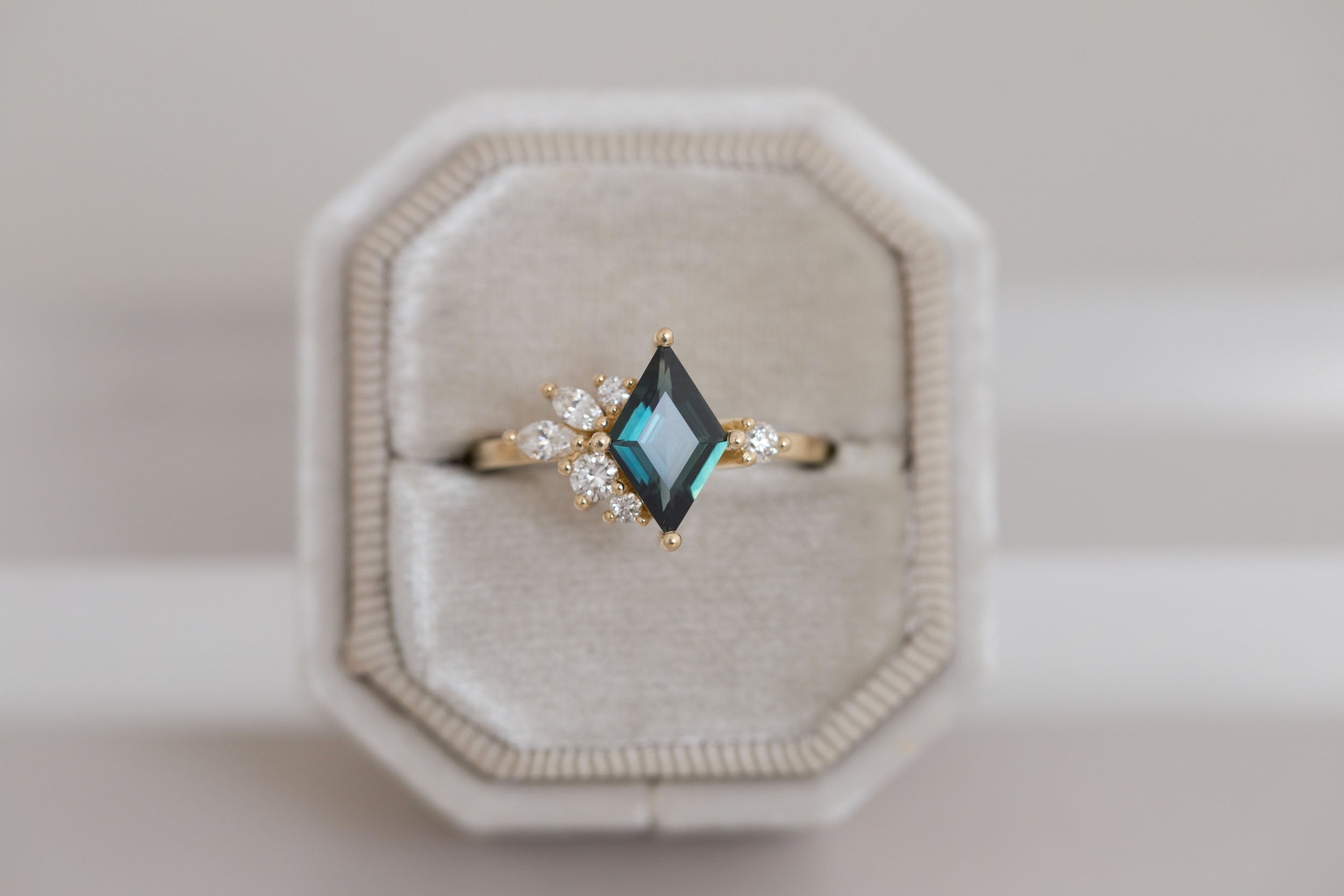 Alden Ring | Teal Sapphire Kite + Diamond Cluster Engagement Ring 1.14 ct | 14k Recycled Gold | One of a Kind
