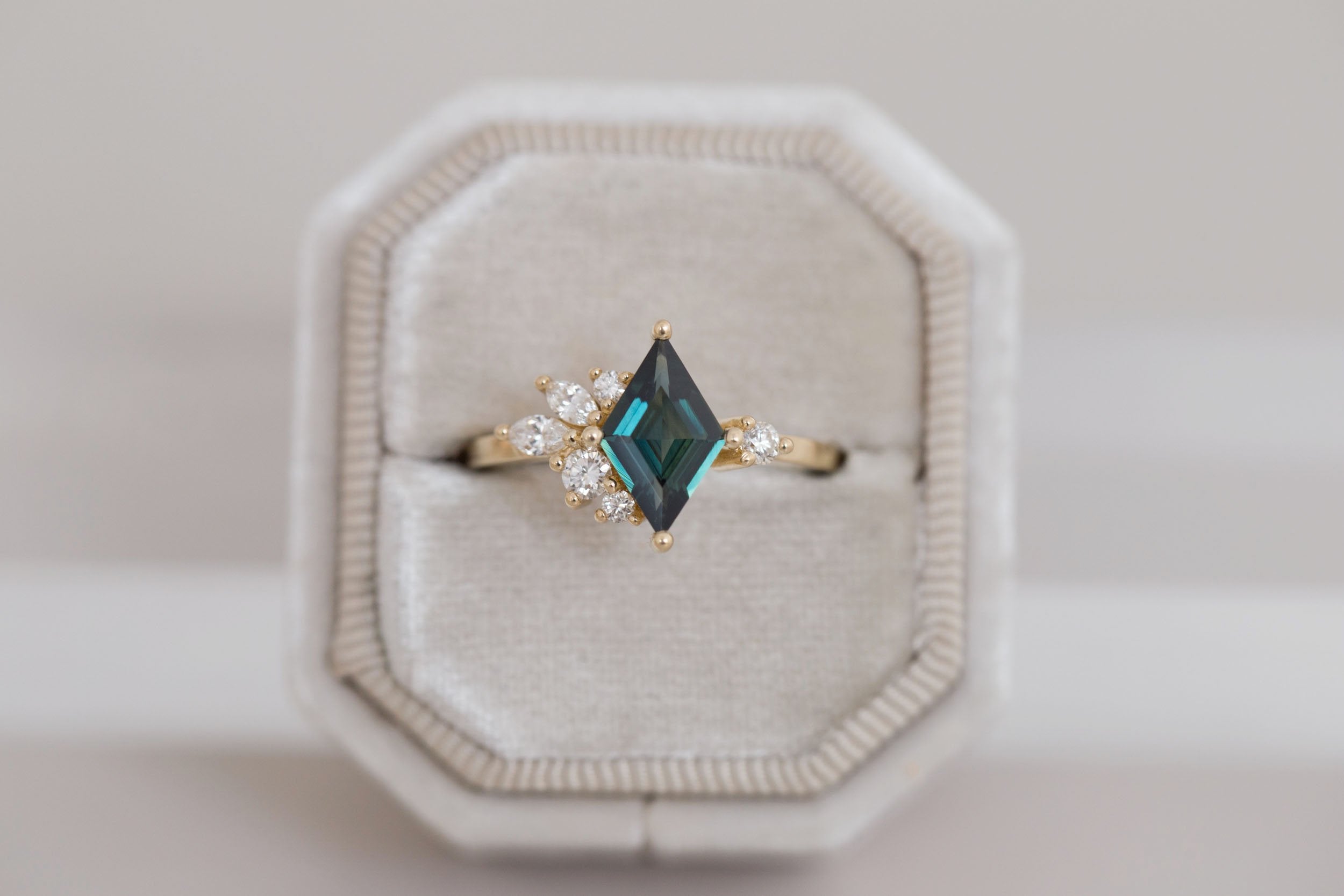 Alden Ring | Teal Sapphire Kite + Diamond Cluster Engagement Ring 1.14 ct | 14k Recycled Gold | One of a Kind