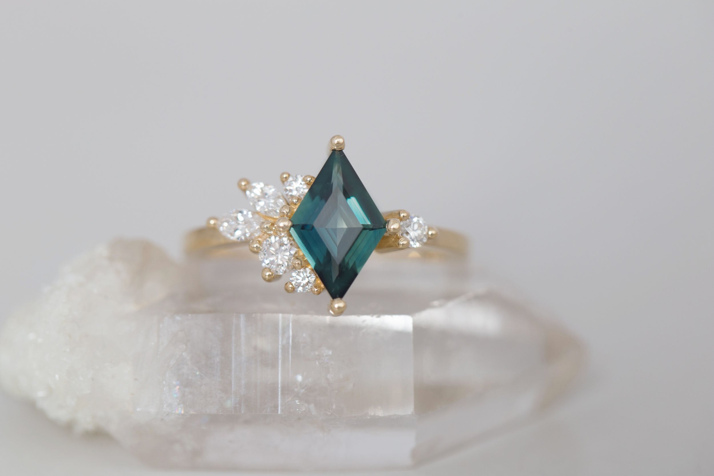 Alden Ring | Teal Sapphire Kite + Diamond Cluster Engagement Ring 1.14 ct | 14k Recycled Gold | One of a Kind