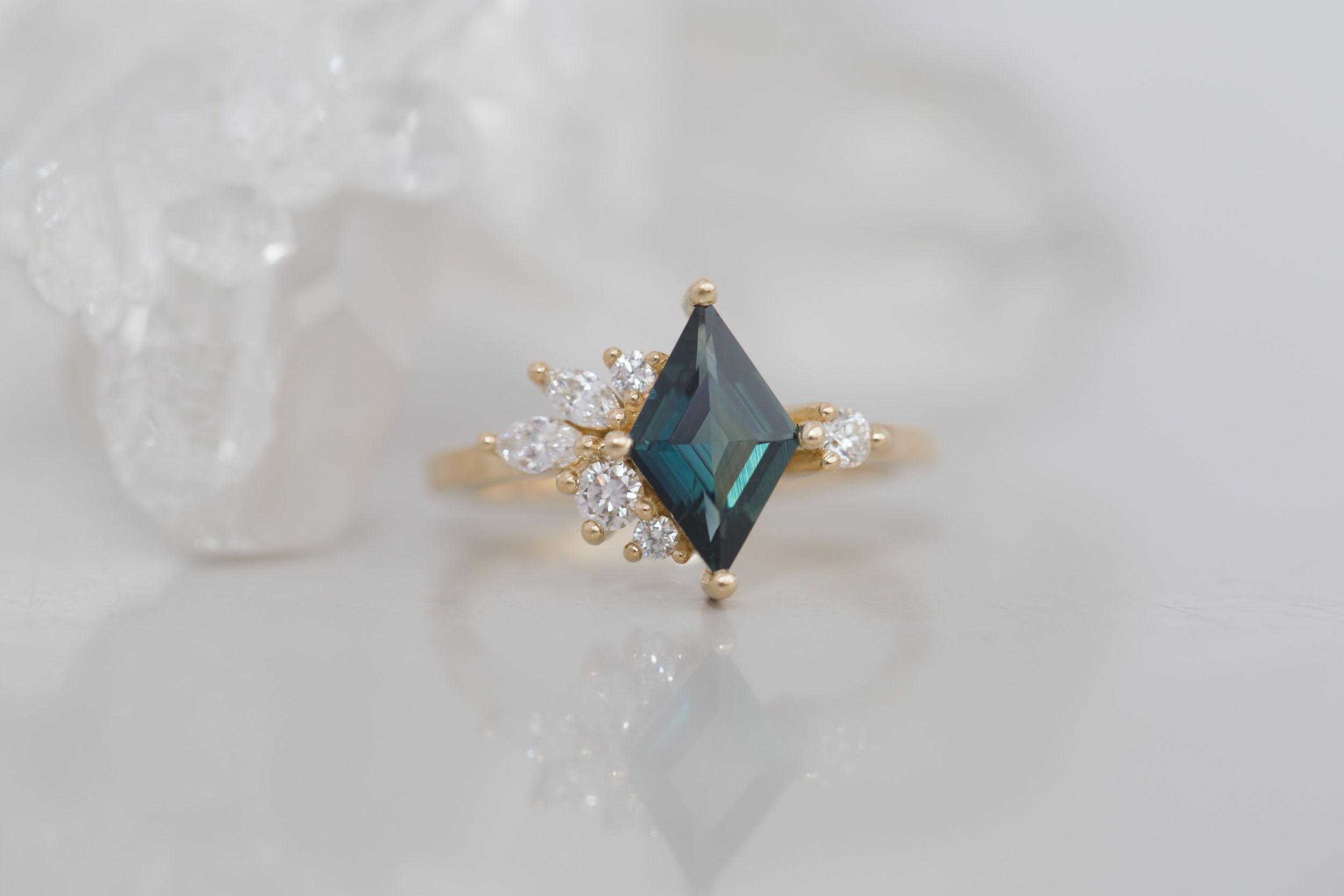 Alden Ring | Teal Sapphire Kite + Diamond Cluster Engagement Ring 1.14 ct | 14k Recycled Gold | One of a Kind
