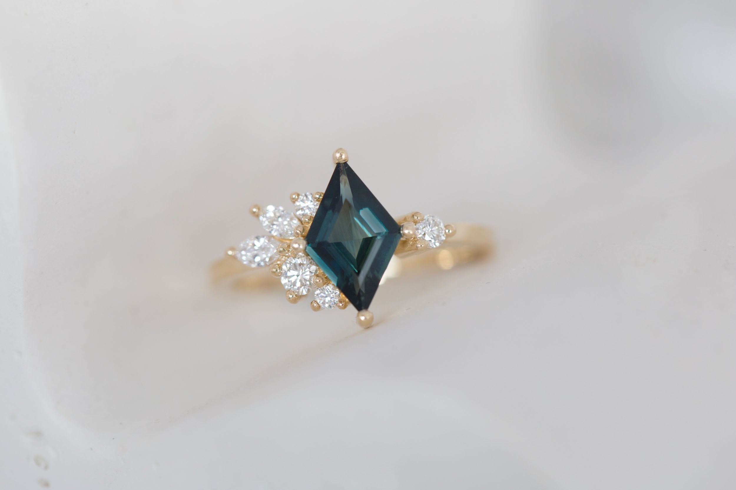 Alden Ring | Teal Sapphire Kite + Diamond Cluster Engagement Ring 1.14 ct | 14k Recycled Gold | One of a Kind
