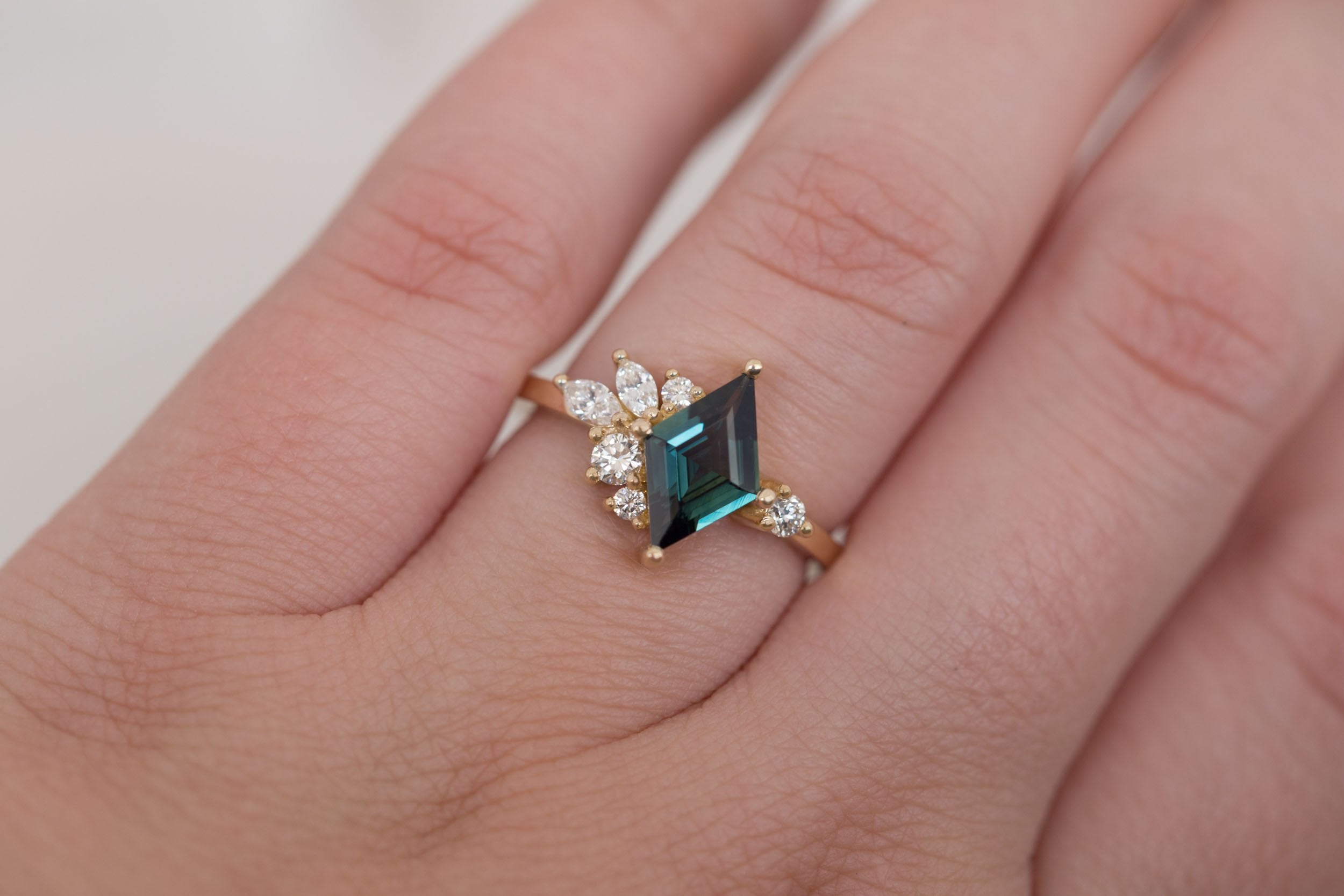 Alden Ring | Teal Sapphire Kite + Diamond Cluster Engagement Ring 1.14 ct | 14k Recycled Gold | One of a Kind