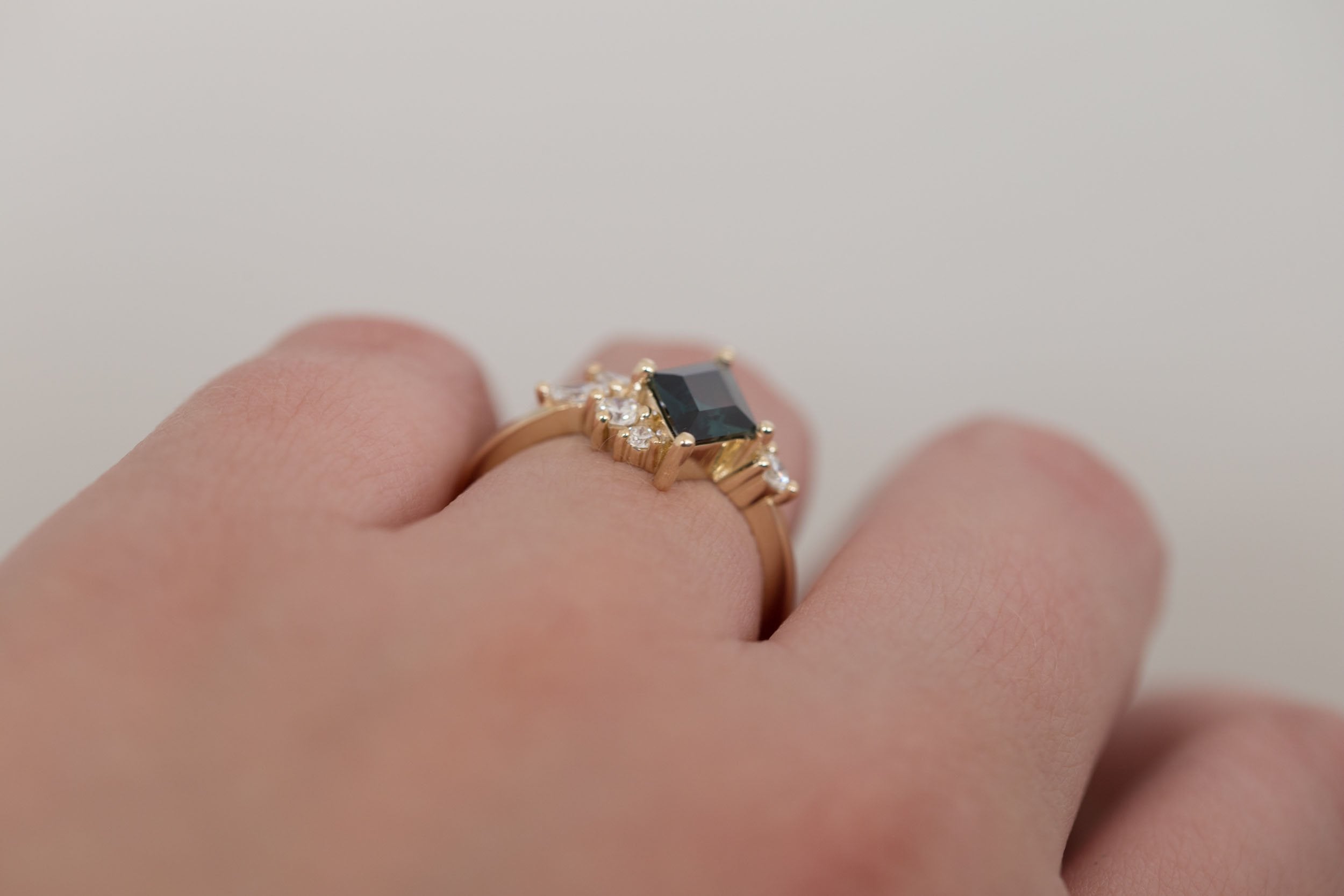 Alden Ring | Teal Sapphire Kite + Diamond Cluster Engagement Ring 1.14 ct | 14k Recycled Gold | One of a Kind