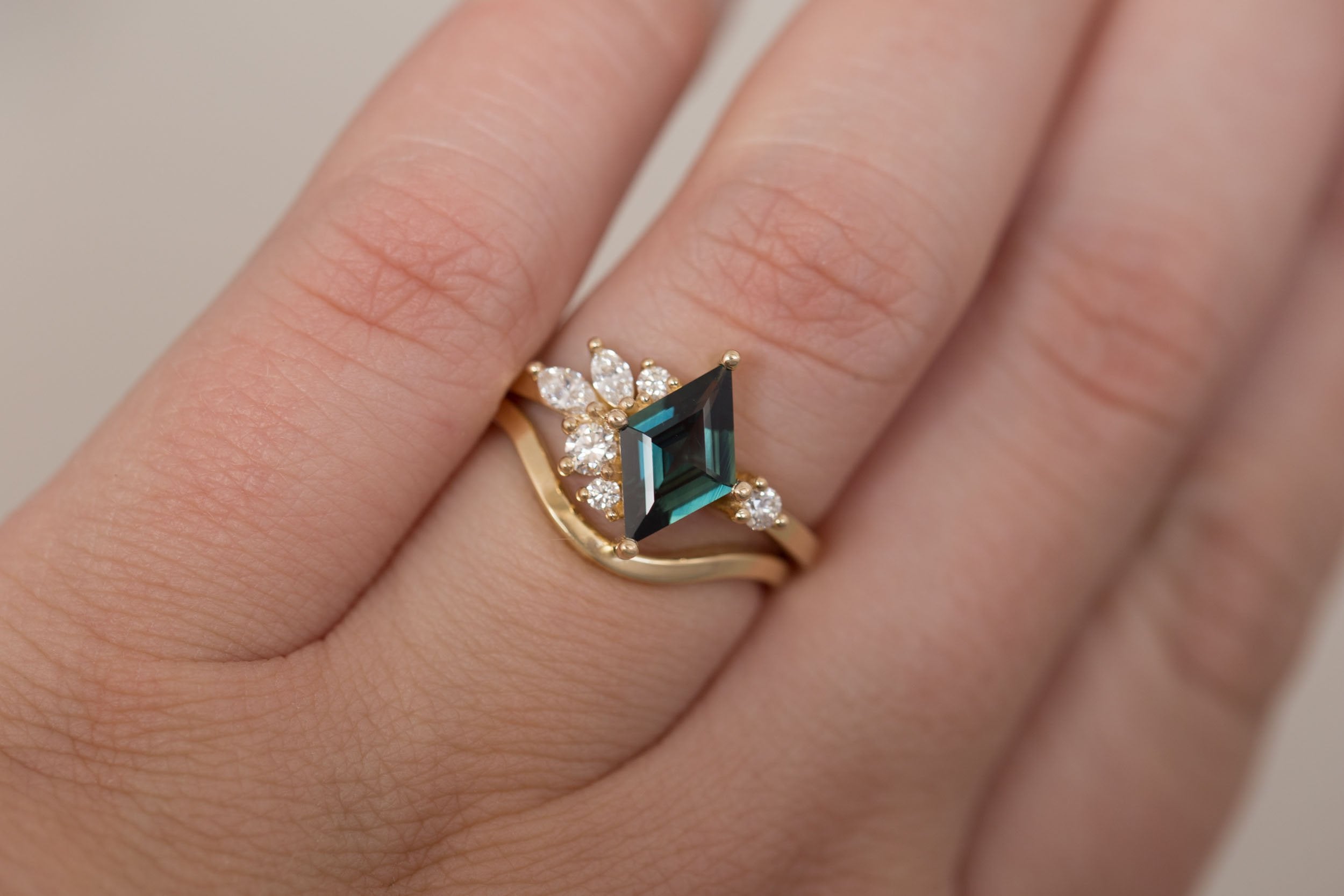 Alden Ring | Teal Sapphire Kite + Diamond Cluster Engagement Ring 1.14 ct | 14k Recycled Gold | One of a Kind