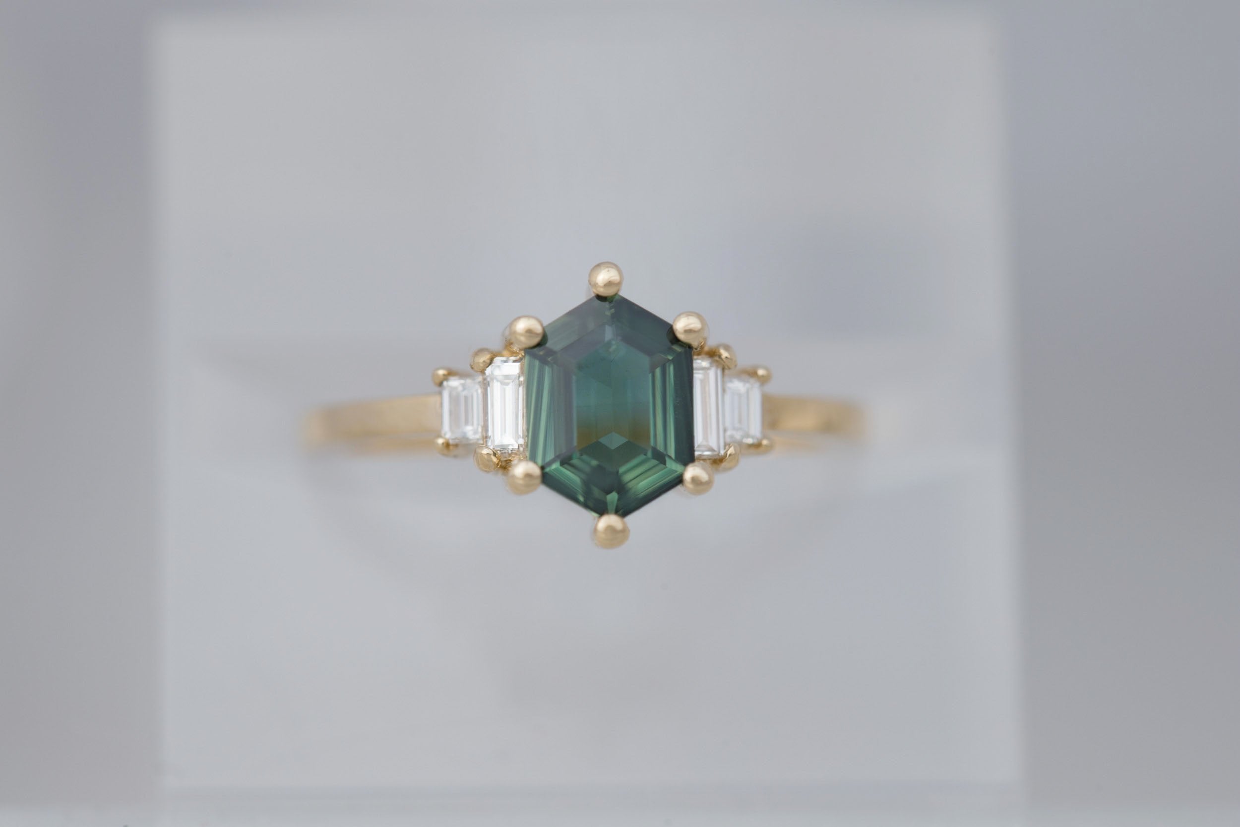 Ash Ring | Green Hexagonal Sapphire + Diamond Baguette Engagement Ring 1.14 ct | 14k Recycled Gold | One of a Kind