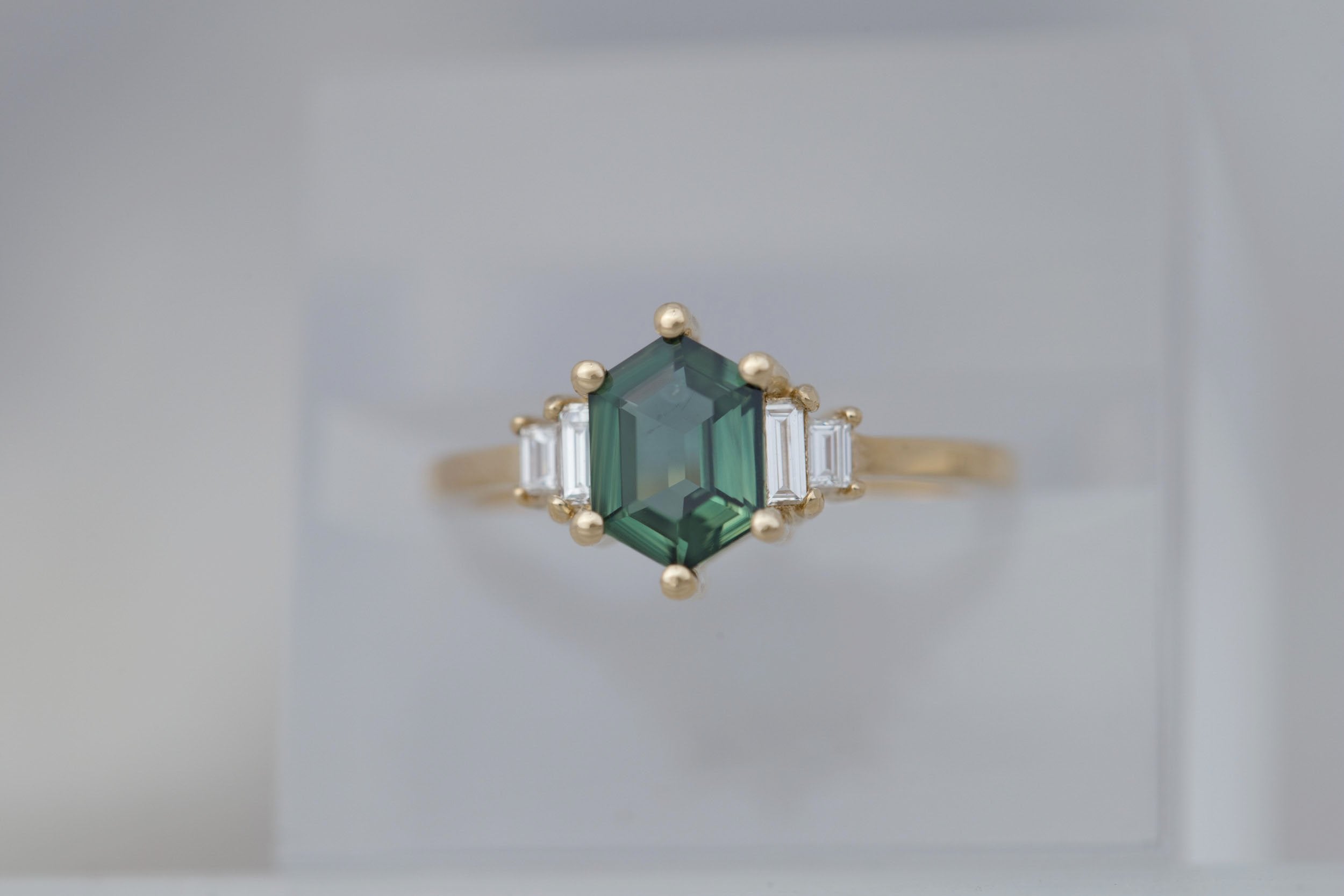Ash Ring | Green Hexagonal Sapphire + Diamond Baguette Engagement Ring 1.14 ct | 14k Recycled Gold | One of a Kind