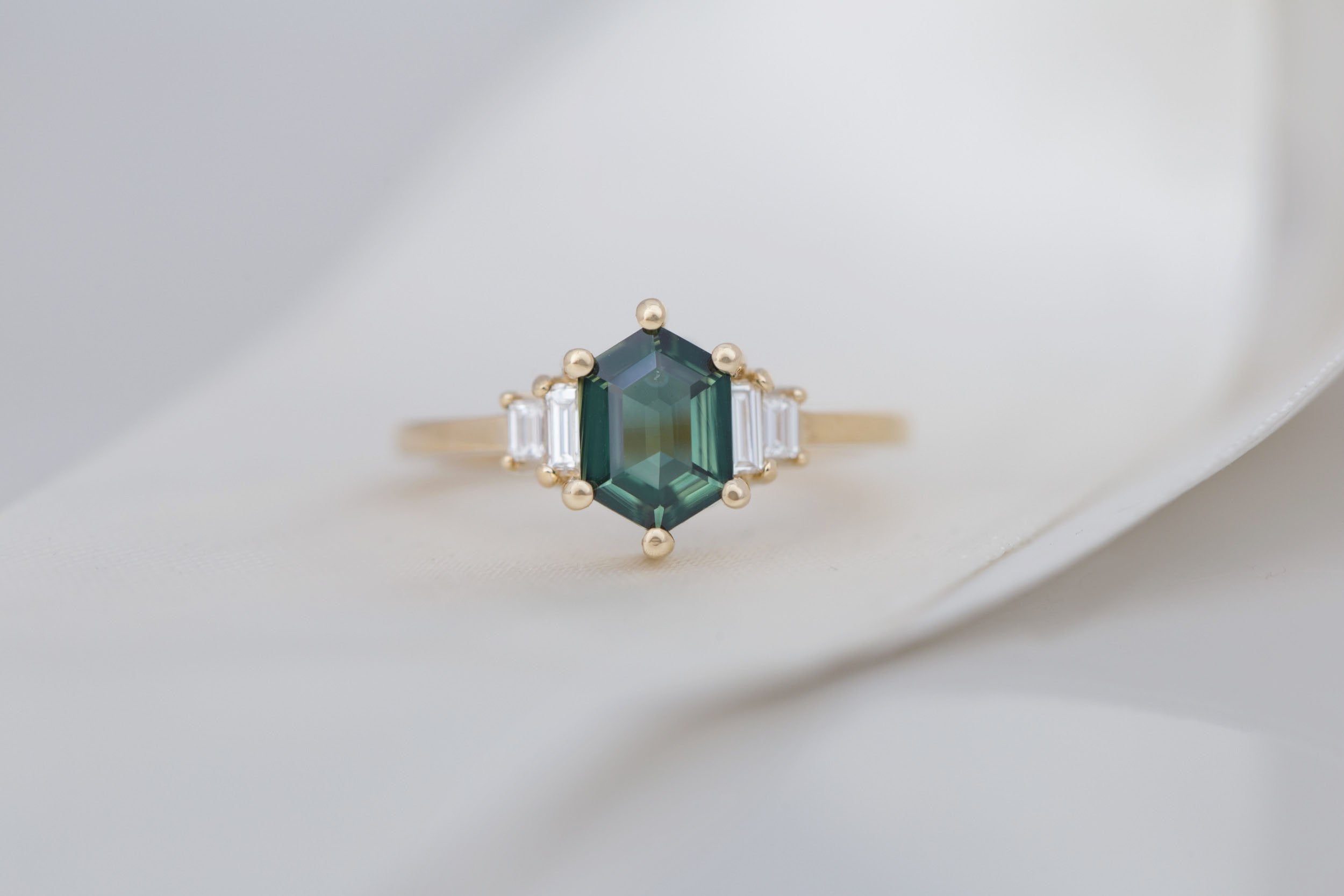 Ash Ring | Green Hexagonal Sapphire + Diamond Baguette Engagement Ring 1.14 ct | 14k Recycled Gold | One of a Kind