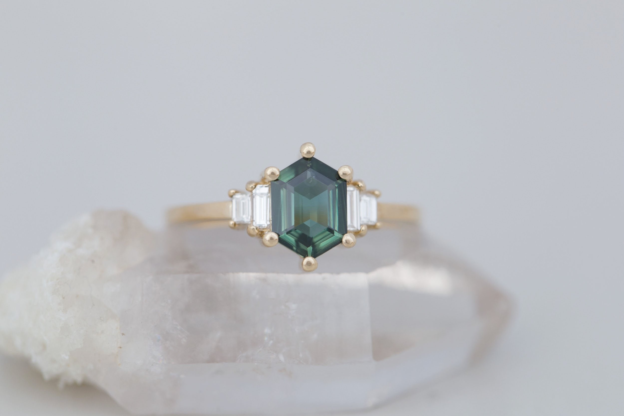 Ash Ring | Green Hexagonal Sapphire + Diamond Baguette Engagement Ring 1.14 ct | 14k Recycled Gold | One of a Kind