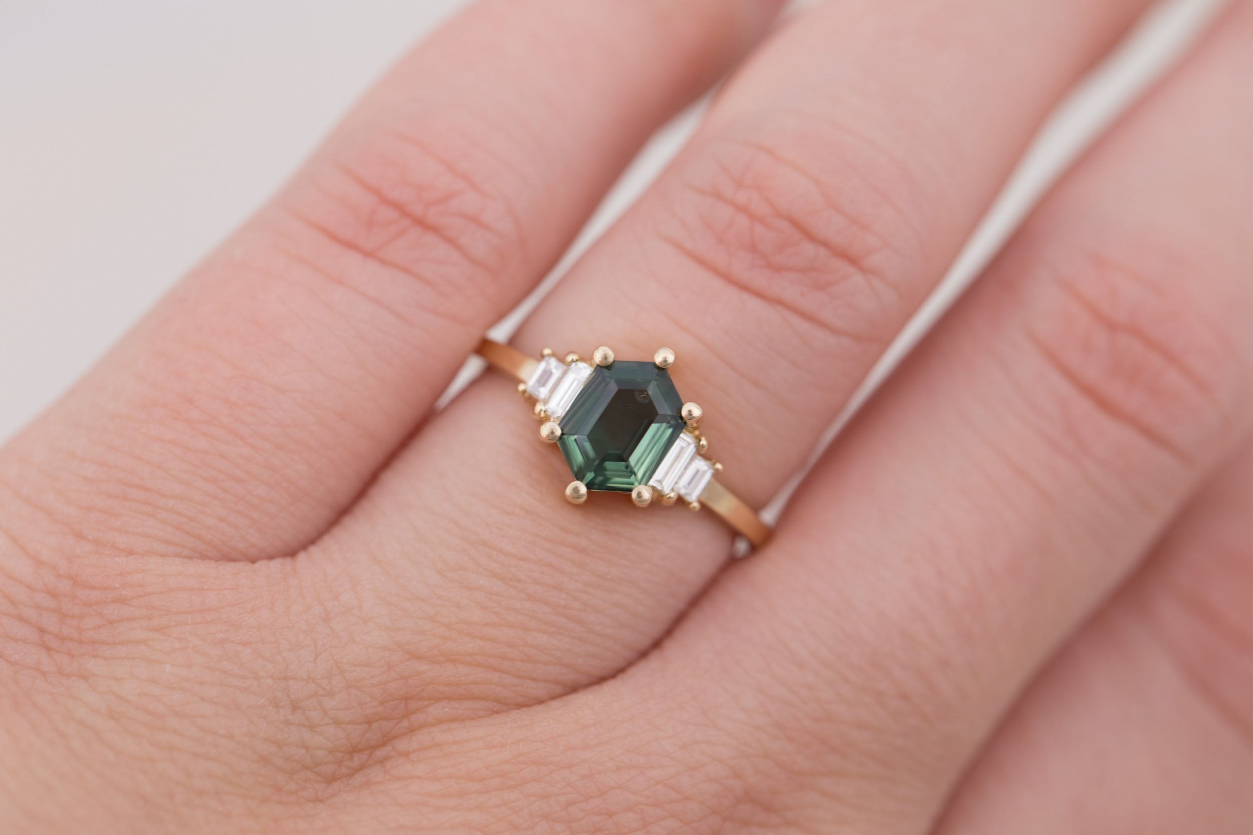 Ash Ring | Green Hexagonal Sapphire + Diamond Baguette Engagement Ring 1.14 ct | 14k Recycled Gold | One of a Kind