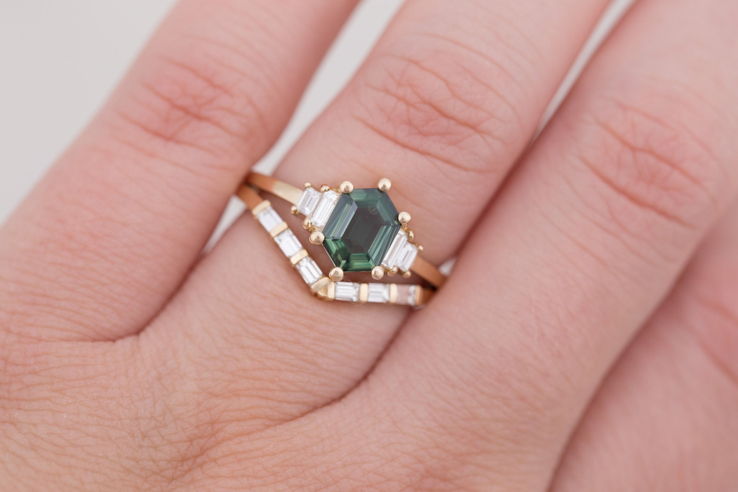 Ash Ring | Green Hexagonal Sapphire + Diamond Baguette Engagement Ring 1.14 ct | 14k Recycled Gold | One of a Kind