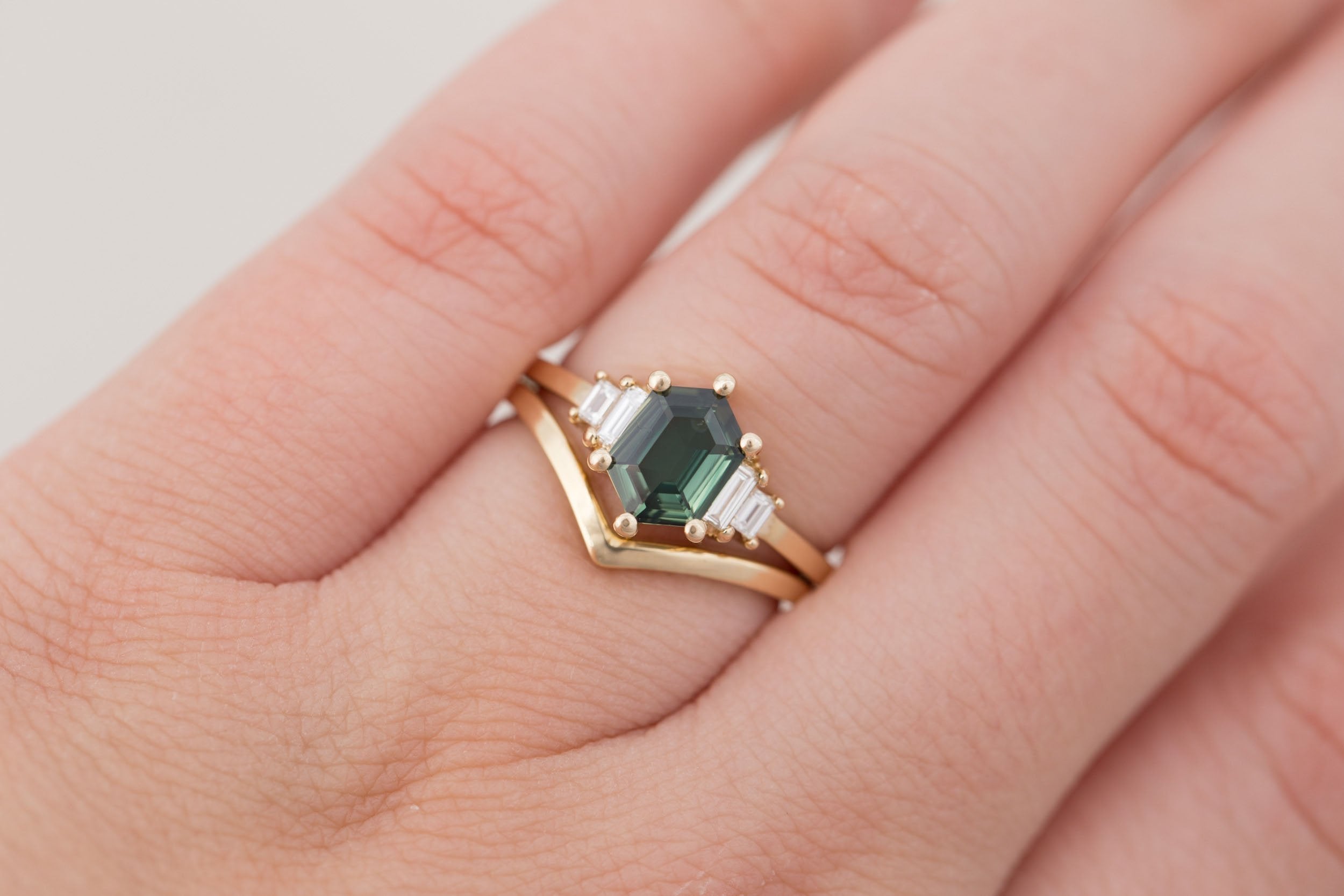 Ash Ring | Green Hexagonal Sapphire + Diamond Baguette Engagement Ring 1.14 ct | 14k Recycled Gold | One of a Kind