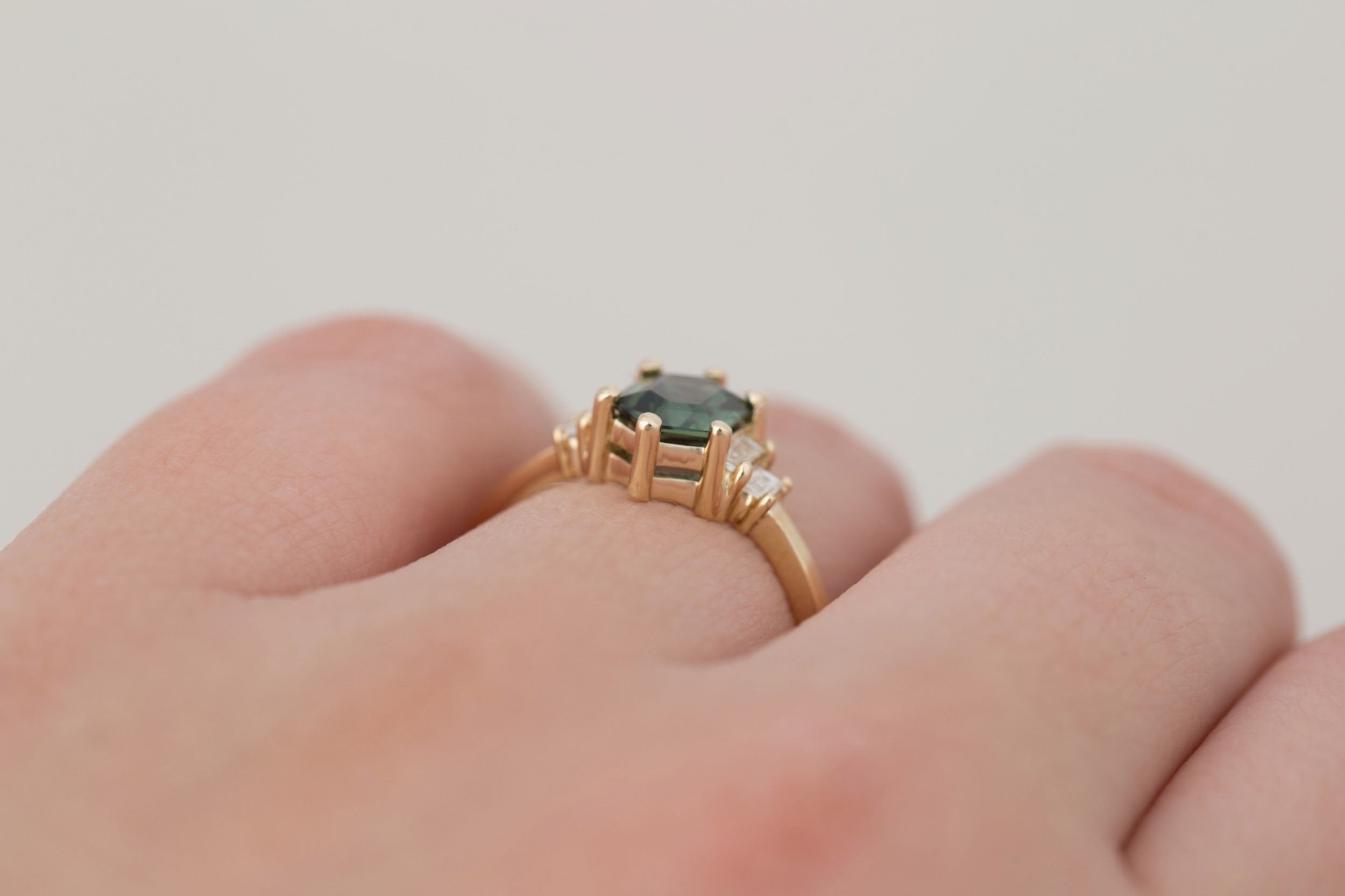 Ash Ring | Green Hexagonal Sapphire + Diamond Baguette Engagement Ring 1.14 ct | 14k Recycled Gold | One of a Kind