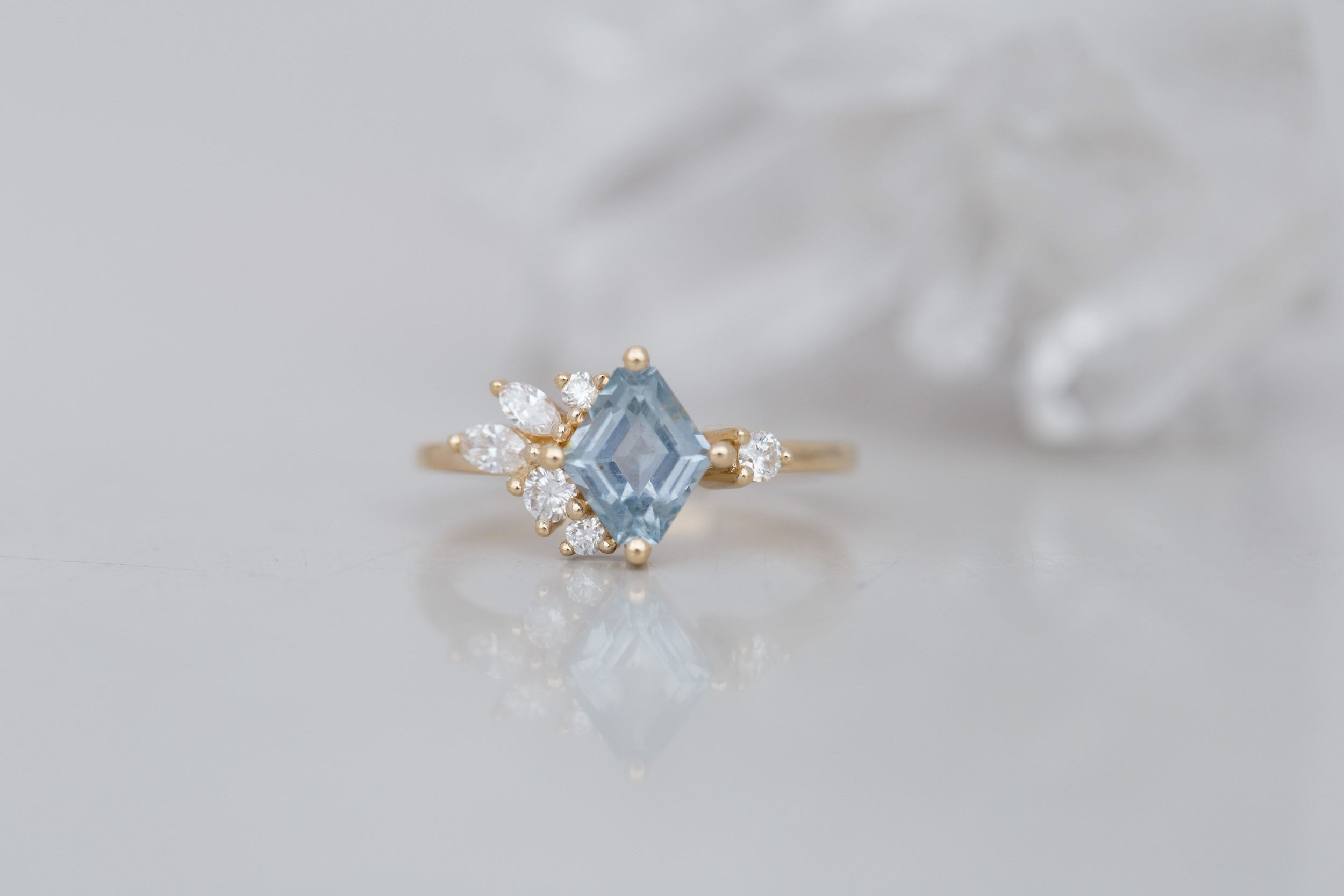 Alden Ring | Blue Montana Sapphire Rhombus + Diamond Cluster Engagement Ring 1.41 ct | 14k Recycled Gold | One of a Kind