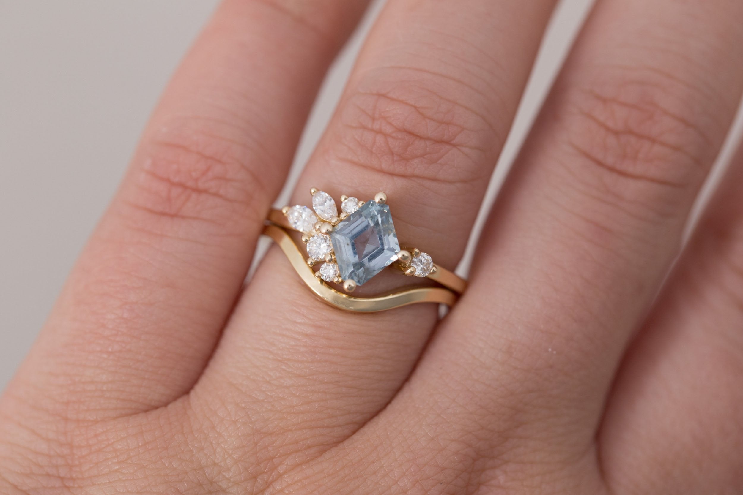 Alden Ring | Blue Montana Sapphire Rhombus + Diamond Cluster Engagement Ring 1.41 ct | 14k Recycled Gold | One of a Kind