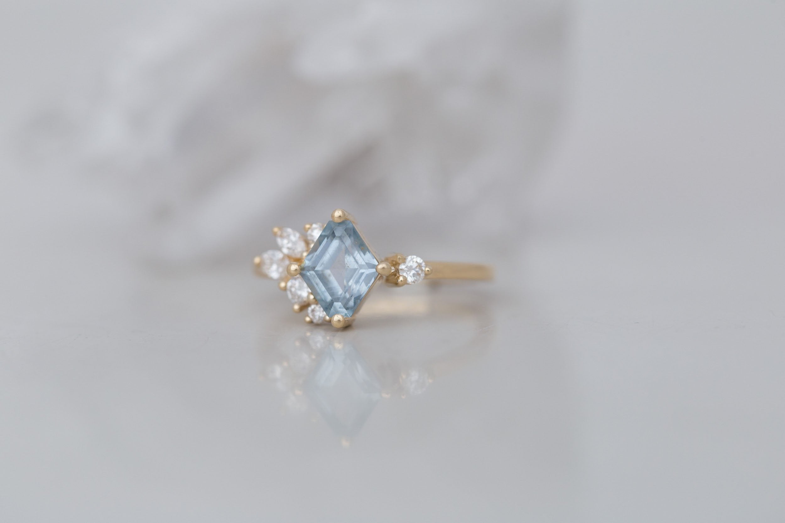 Alden Ring | Blue Montana Sapphire Rhombus + Diamond Cluster Engagement Ring 1.41 ct | 14k Recycled Gold | One of a Kind