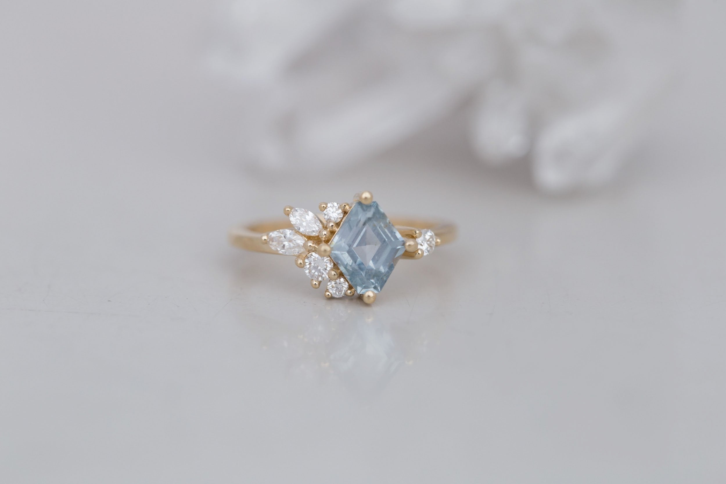 Alden Ring | Blue Montana Sapphire Rhombus + Diamond Cluster Engagement Ring 1.41 ct | 14k Recycled Gold | One of a Kind