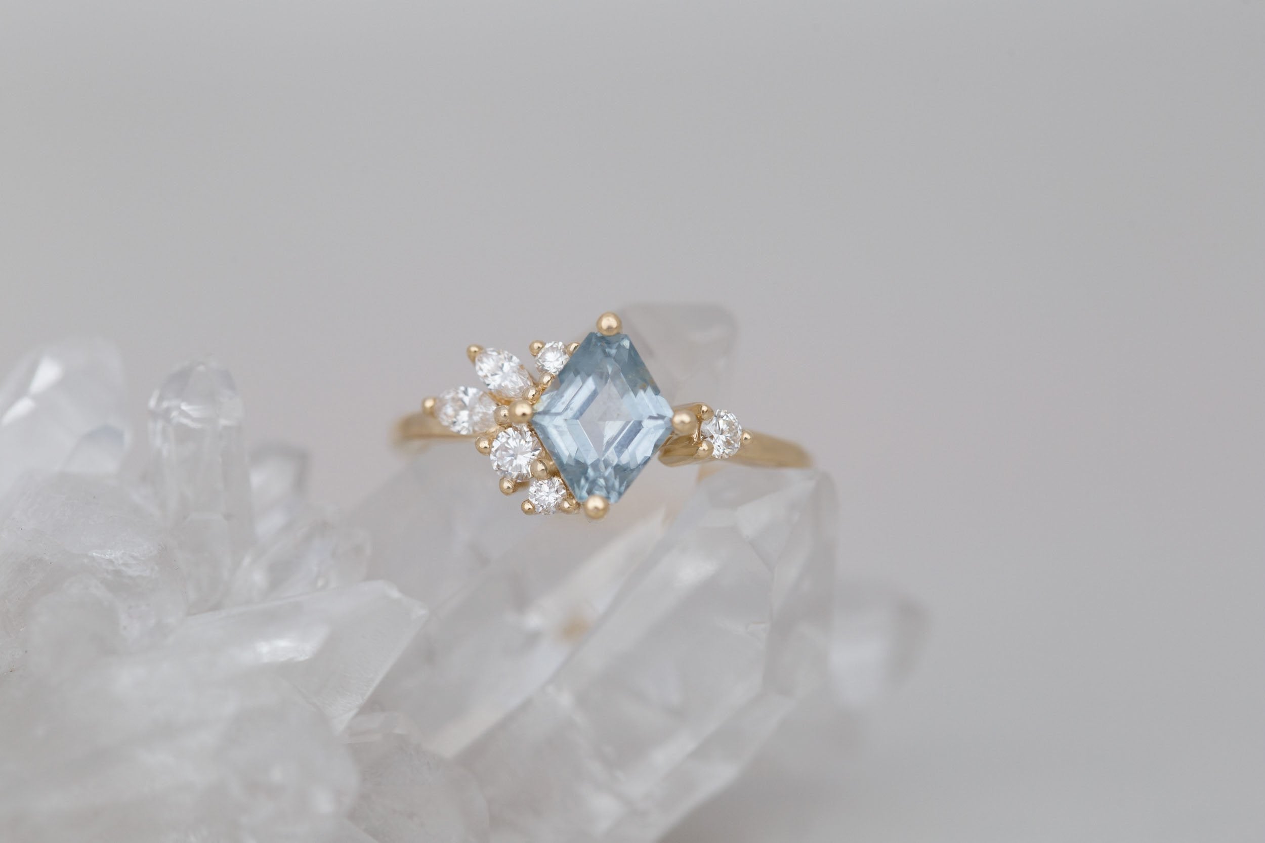 Alden Ring | Blue Montana Sapphire Rhombus + Diamond Cluster Engagement Ring 1.41 ct | 14k Recycled Gold | One of a Kind