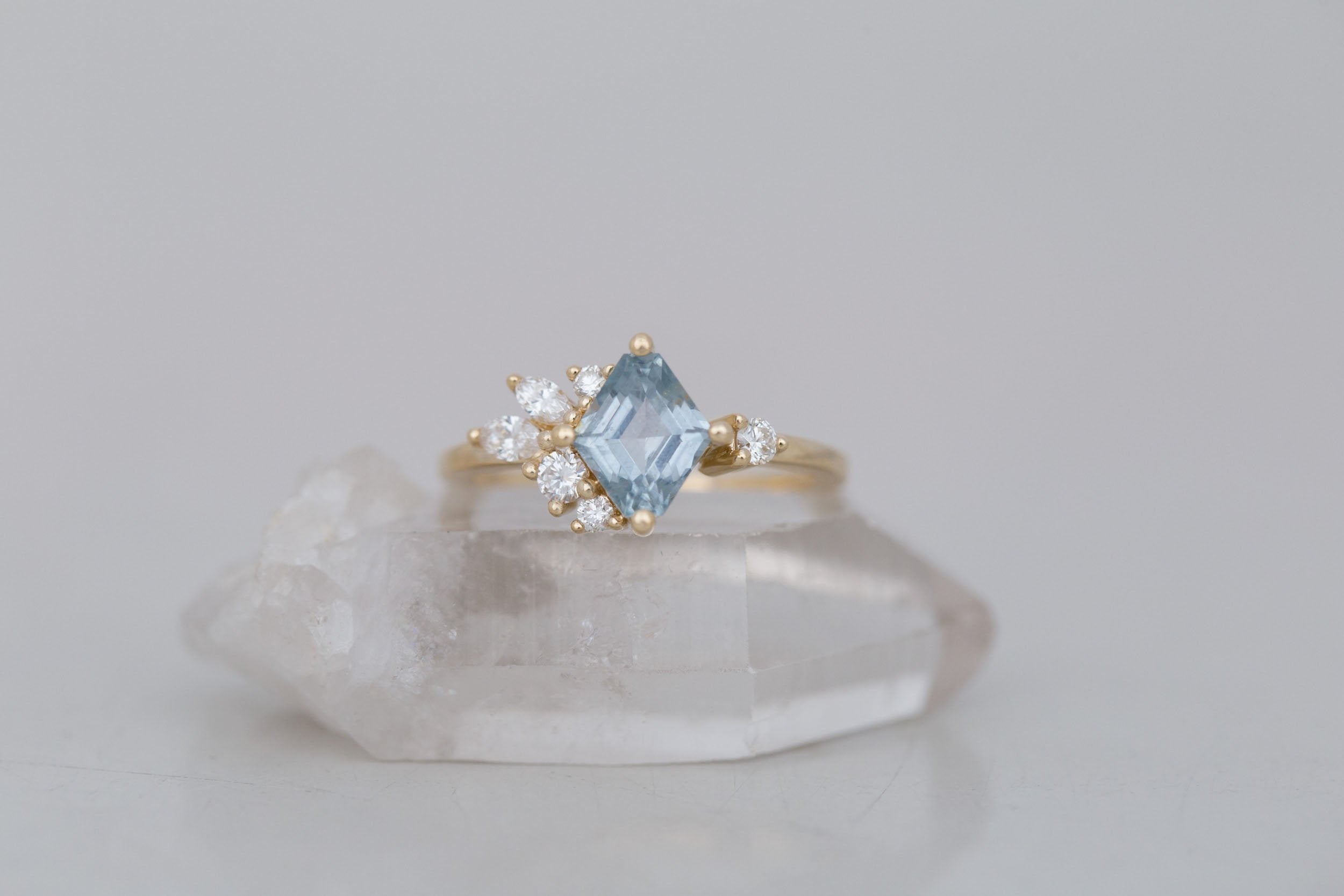 Alden Ring | Blue Montana Sapphire Rhombus + Diamond Cluster Engagement Ring 1.41 ct | 14k Recycled Gold | One of a Kind