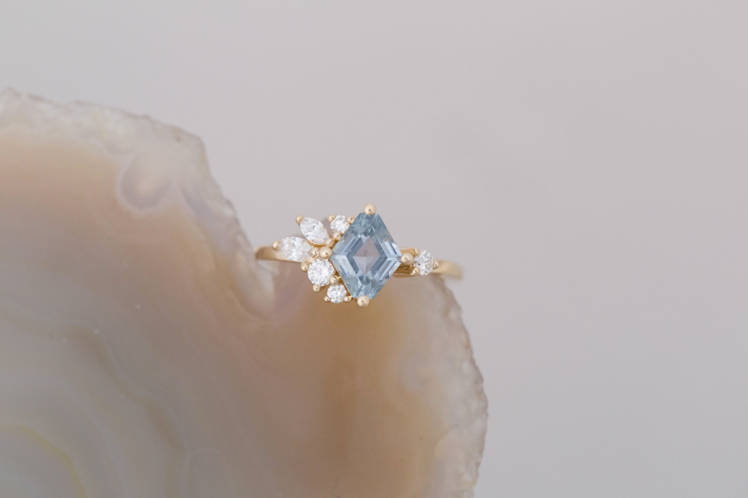 Alden Ring | Blue Montana Sapphire Rhombus + Diamond Cluster Engagement Ring 1.41 ct | 14k Recycled Gold | One of a Kind