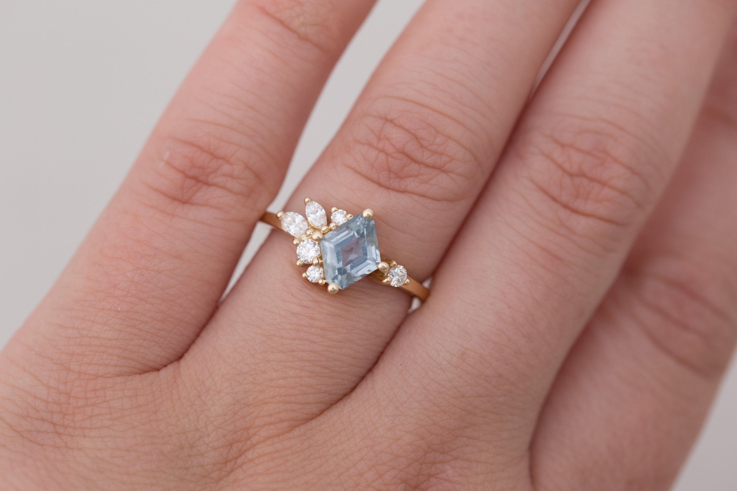 Alden Ring | Blue Montana Sapphire Rhombus + Diamond Cluster Engagement Ring 1.41 ct | 14k Recycled Gold | One of a Kind