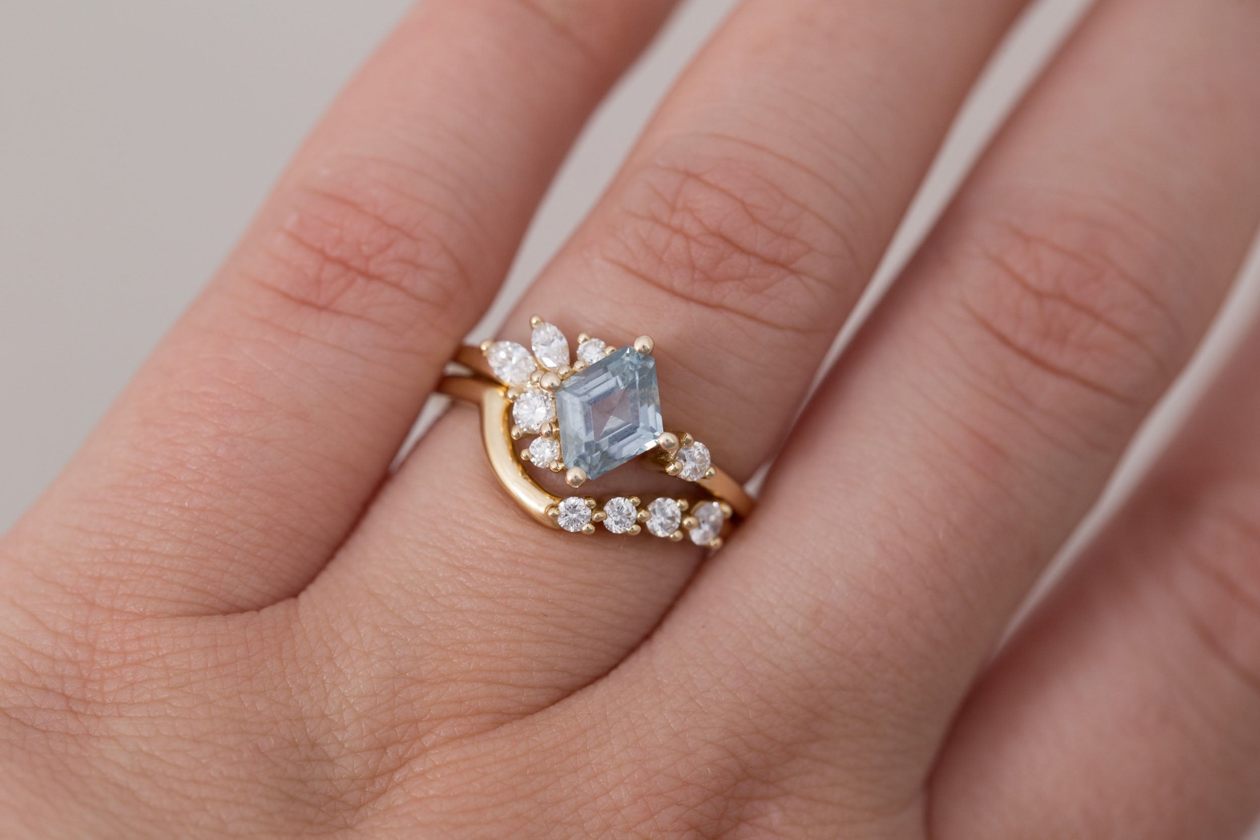 Alden Ring | Blue Montana Sapphire Rhombus + Diamond Cluster Engagement Ring 1.41 ct | 14k Recycled Gold | One of a Kind