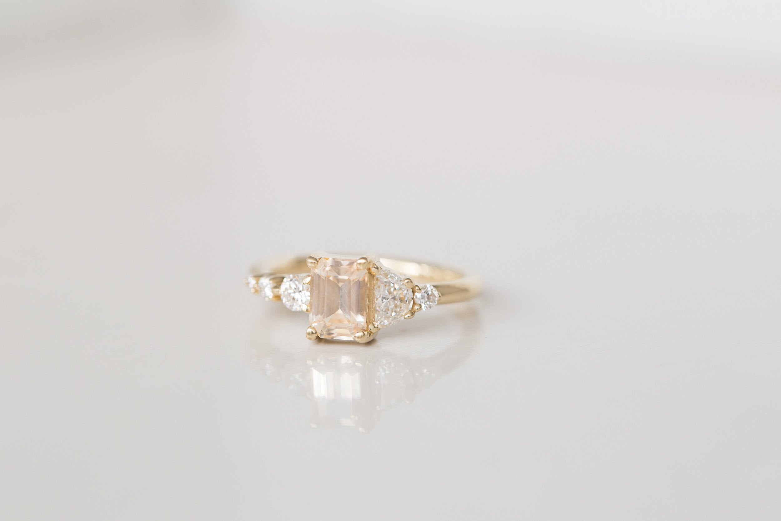 Sarine Ring | Apricot Sapphire + Half Moon Diamond + Diamond Cluster Engagement Ring 1.15 ct | 14k Recycled Gold | One of a Kind