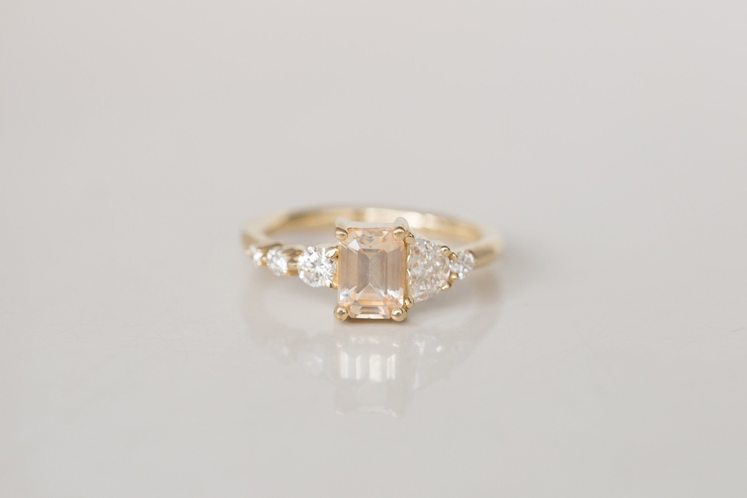 Sarine Ring | Apricot Sapphire + Half Moon Diamond + Diamond Cluster Engagement Ring 1.15 ct | 14k Recycled Gold | One of a Kind