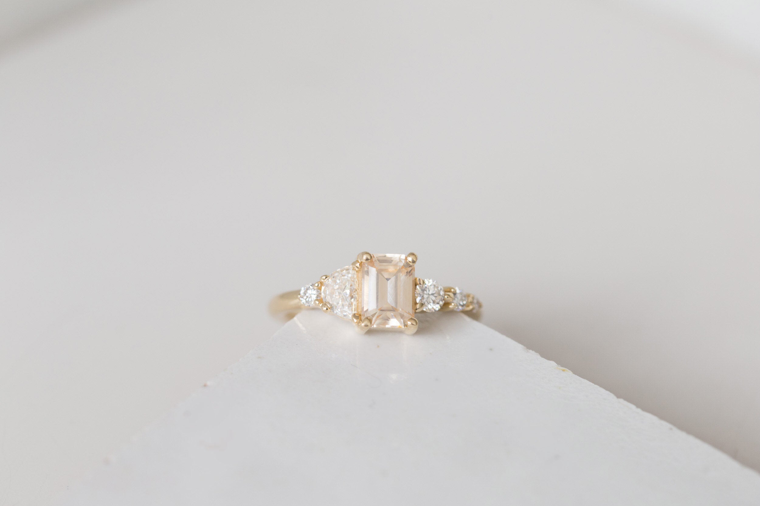 Sarine Ring | Apricot Sapphire + Half Moon Diamond + Diamond Cluster Engagement Ring 1.15 ct | 14k Recycled Gold | One of a Kind
