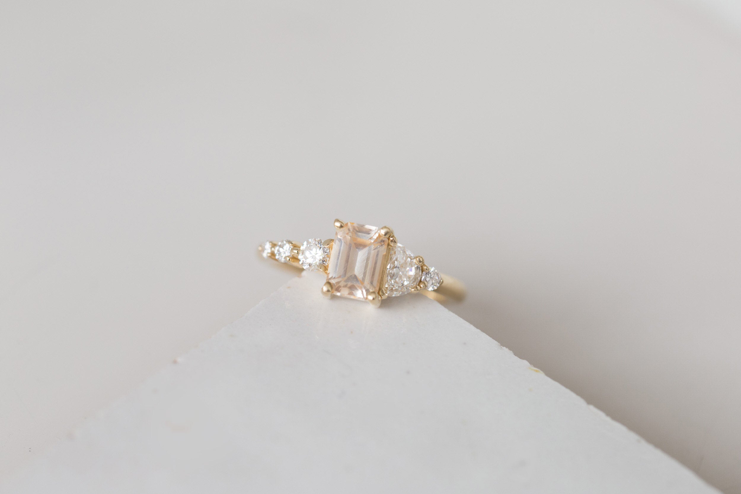 Sarine Ring | Apricot Sapphire + Half Moon Diamond + Diamond Cluster Engagement Ring 1.15 ct | 14k Recycled Gold | One of a Kind
