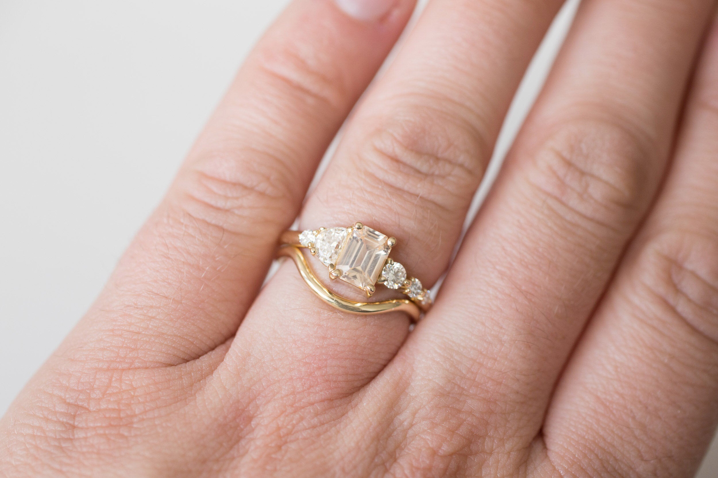 Sarine Ring | Apricot Sapphire + Half Moon Diamond + Diamond Cluster Engagement Ring 1.15 ct | 14k Recycled Gold | One of a Kind