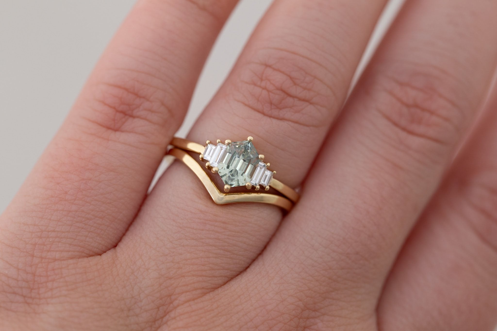 Ash Ring | Mint Montana Hexagonal Sapphire + Diamond Baguette Engagement Ring 1.15 ct | 14k Recycled Gold | One of a Kind