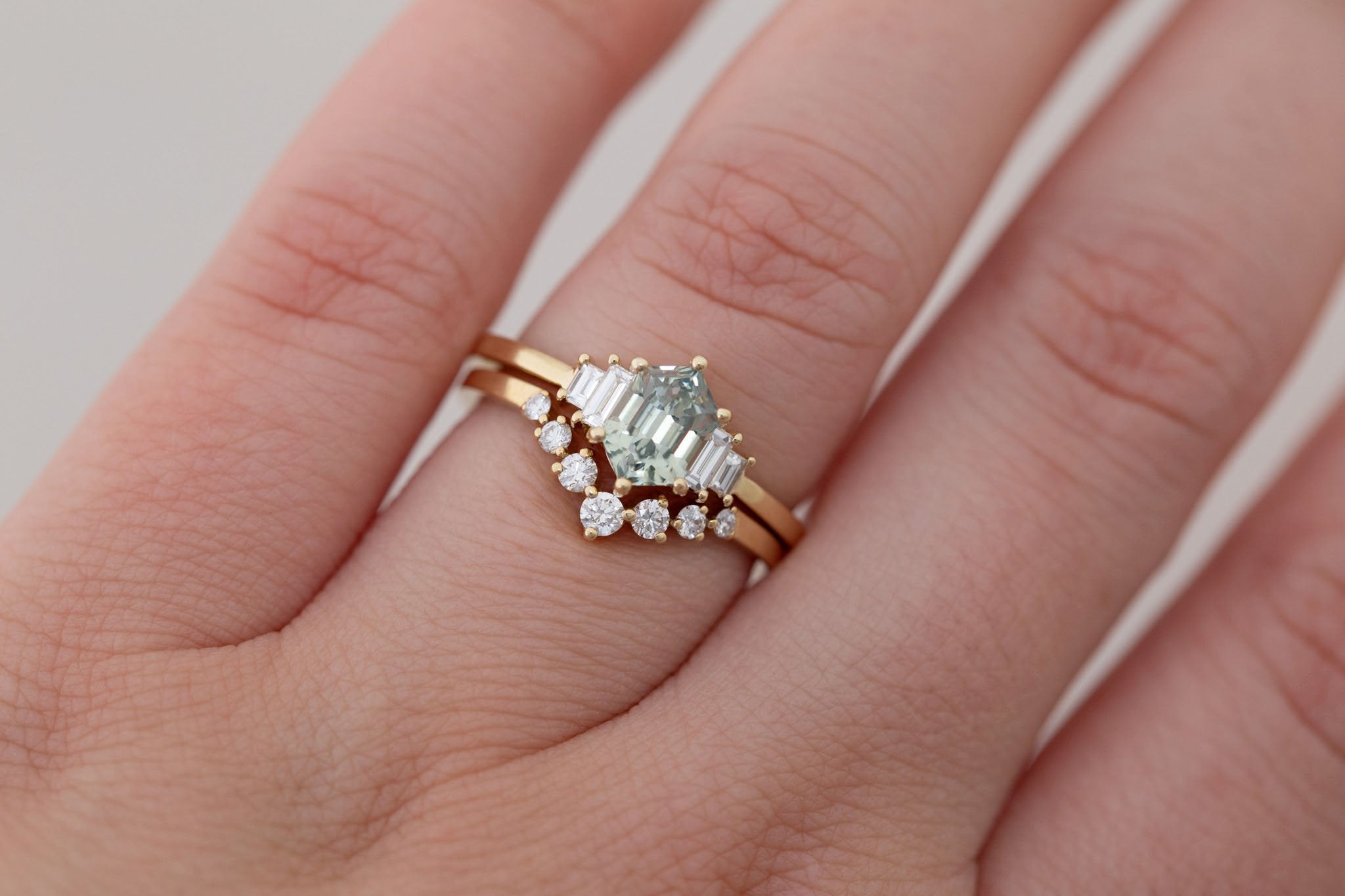 Ash Ring | Mint Montana Hexagonal Sapphire + Diamond Baguette Engagement Ring 1.15 ct | 14k Recycled Gold | One of a Kind