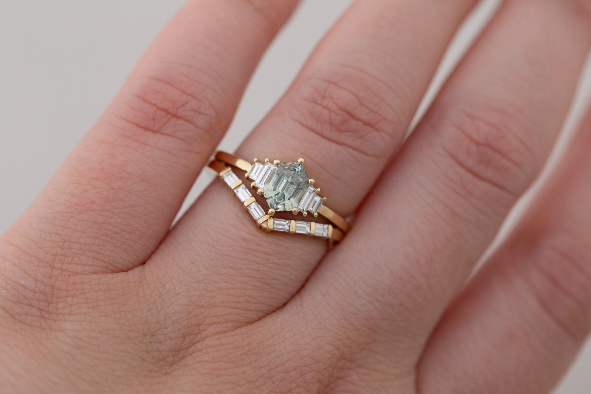 Ash Ring | Mint Montana Hexagonal Sapphire + Diamond Baguette Engagement Ring 1.15 ct | 14k Recycled Gold | One of a Kind