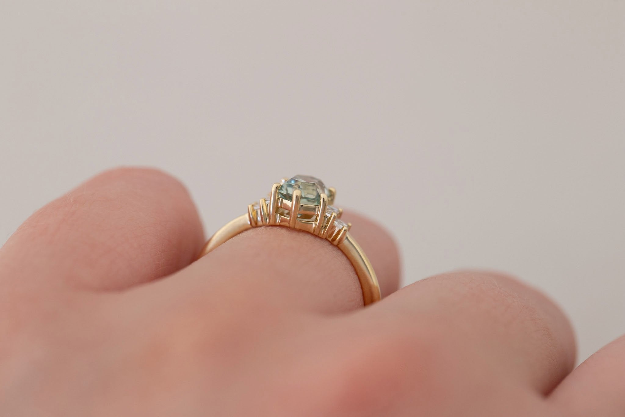 Ash Ring | Mint Montana Hexagonal Sapphire + Diamond Baguette Engagement Ring 1.15 ct | 14k Recycled Gold | One of a Kind