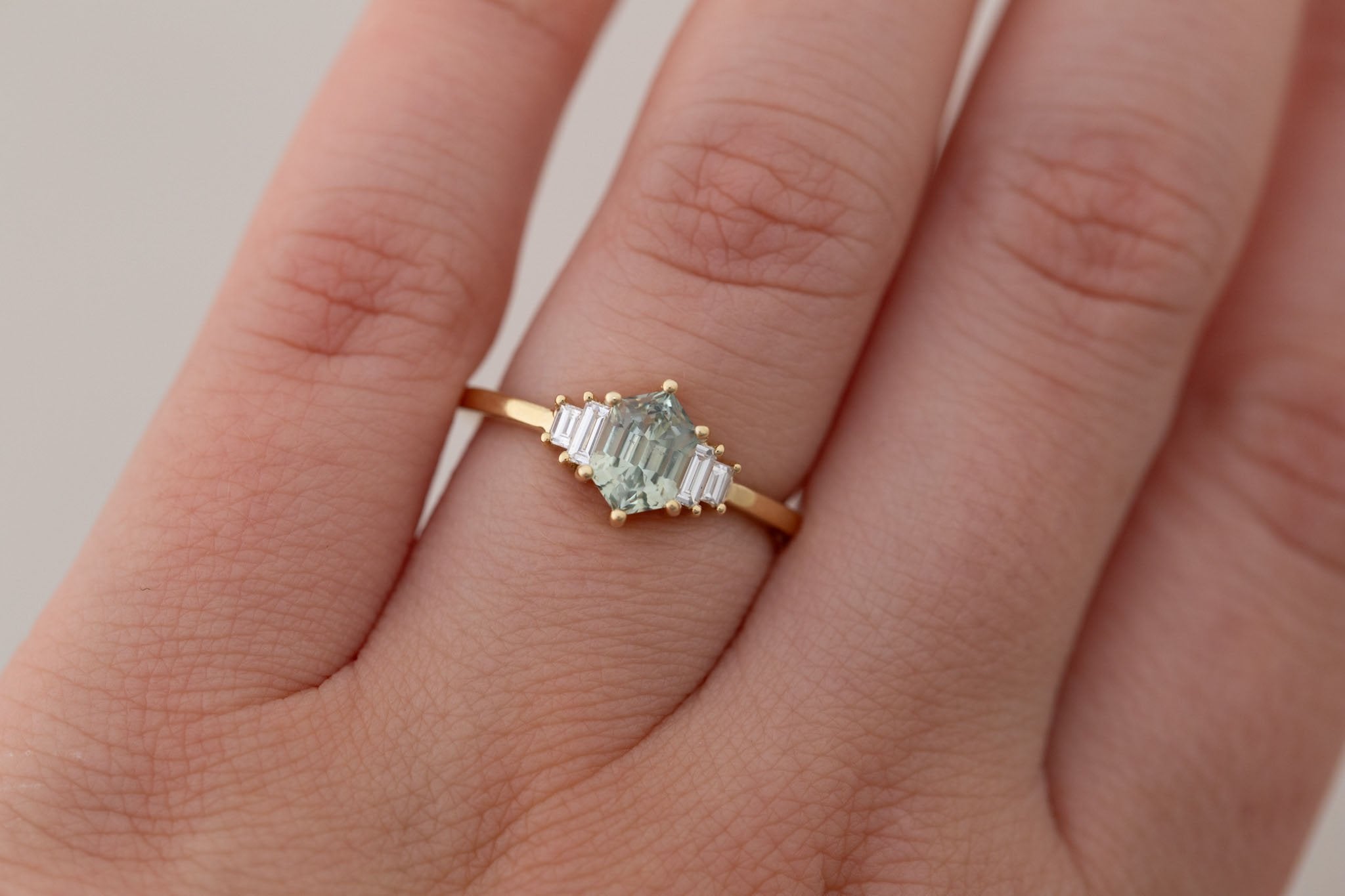 Ash Ring | Mint Montana Hexagonal Sapphire + Diamond Baguette Engagement Ring 1.15 ct | 14k Recycled Gold | One of a Kind
