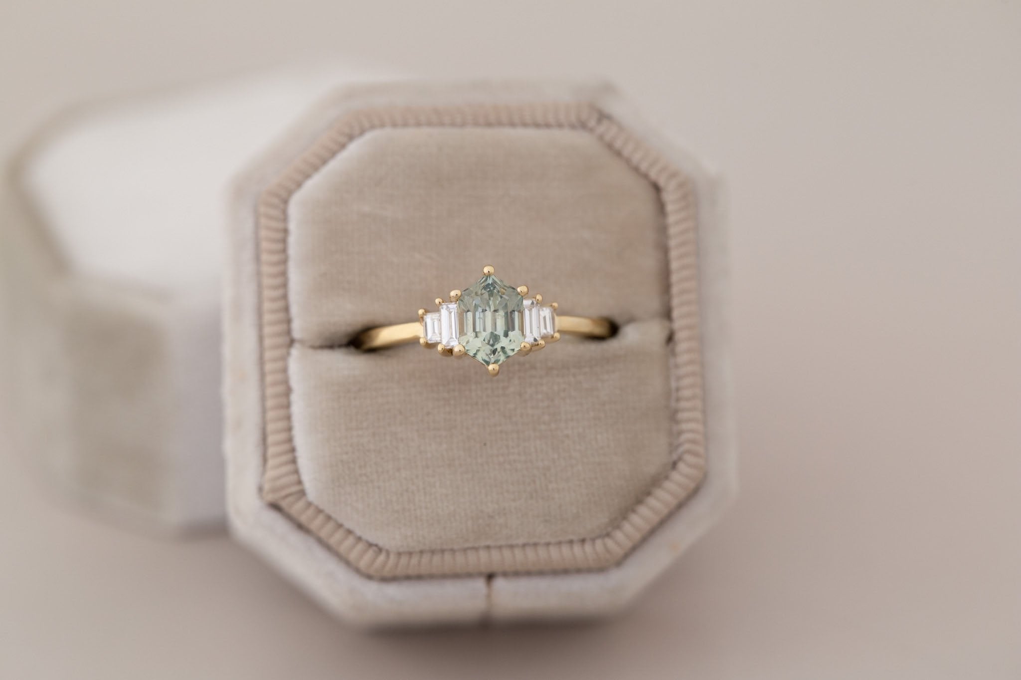 Ash Ring | Mint Montana Hexagonal Sapphire + Diamond Baguette Engagement Ring 1.15 ct | 14k Recycled Gold | One of a Kind