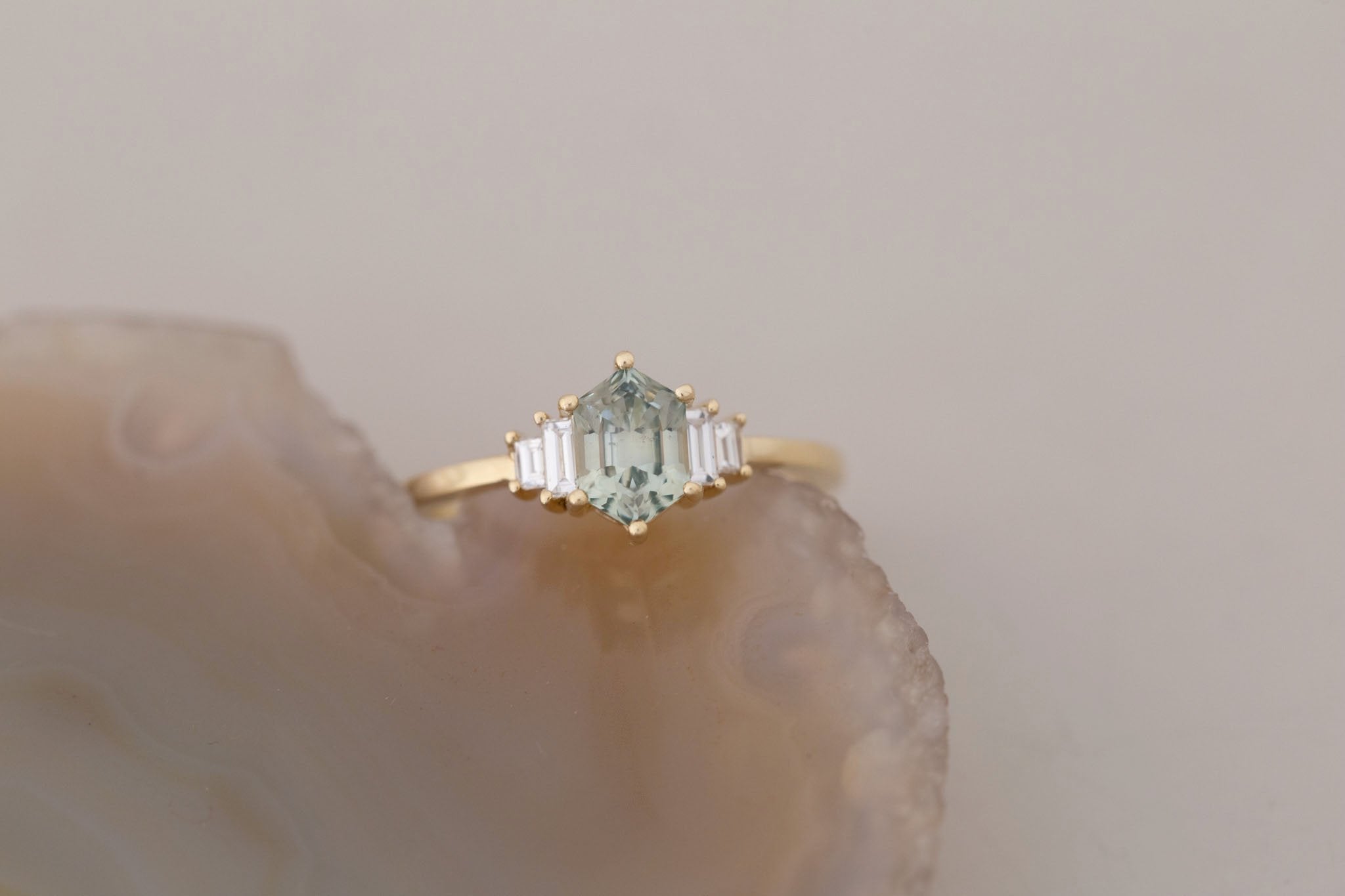 Ash Ring | Mint Montana Hexagonal Sapphire + Diamond Baguette Engagement Ring 1.15 ct | 14k Recycled Gold | One of a Kind