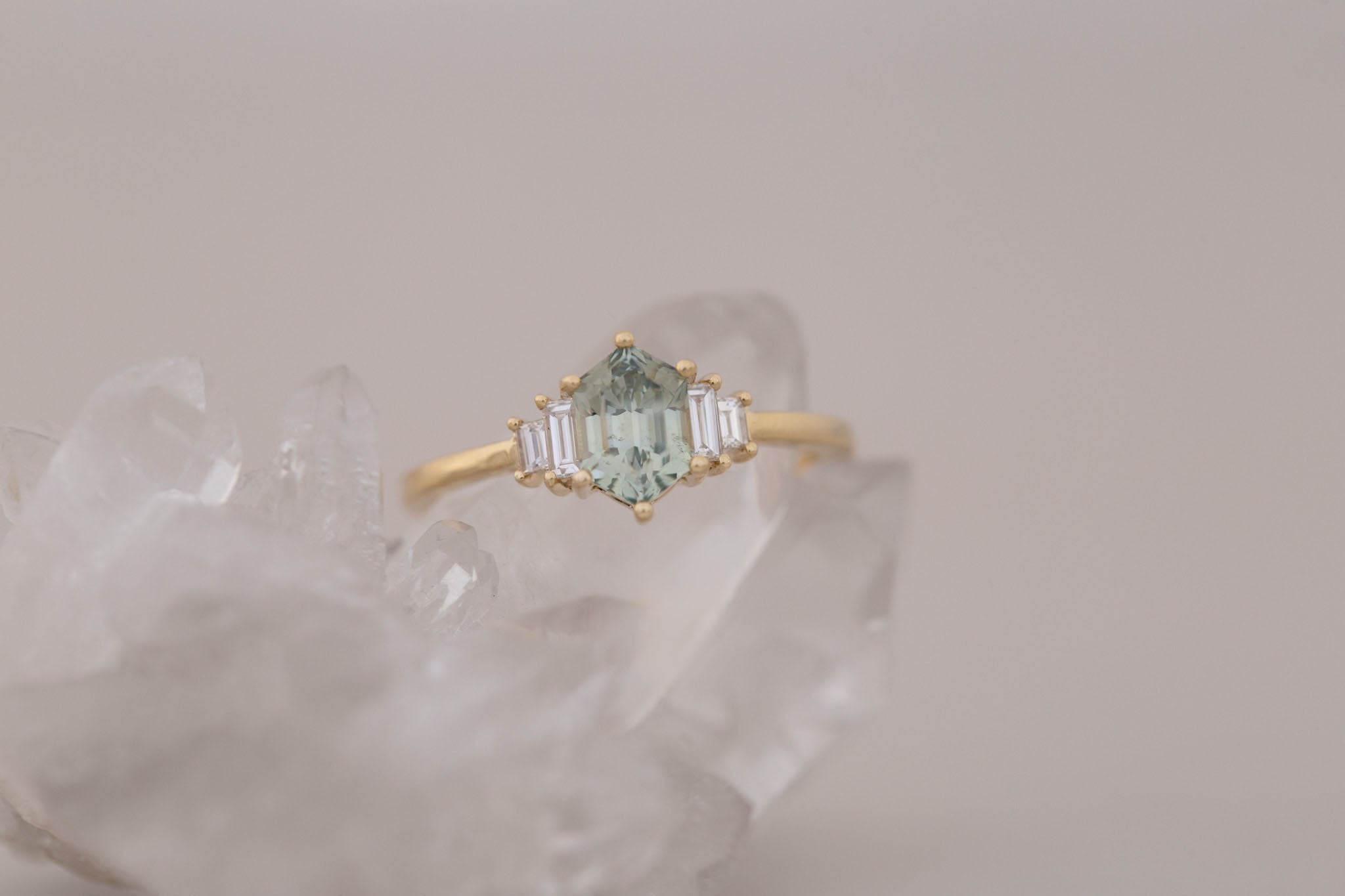 Ash Ring | Mint Montana Hexagonal Sapphire + Diamond Baguette Engagement Ring 1.15 ct | 14k Recycled Gold | One of a Kind