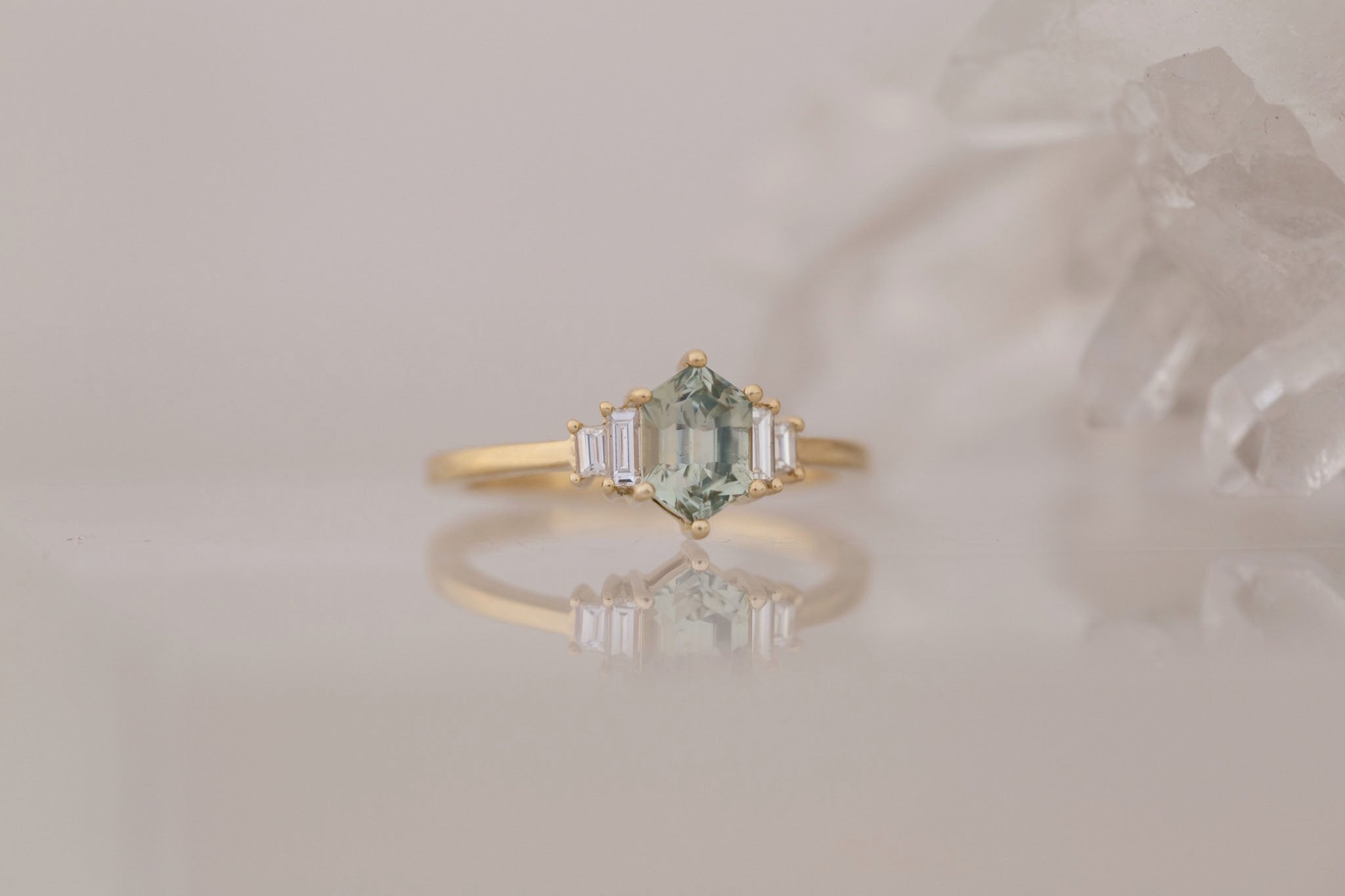 Ash Ring | Mint Montana Hexagonal Sapphire + Diamond Baguette Engagement Ring 1.15 ct | 14k Recycled Gold | One of a Kind